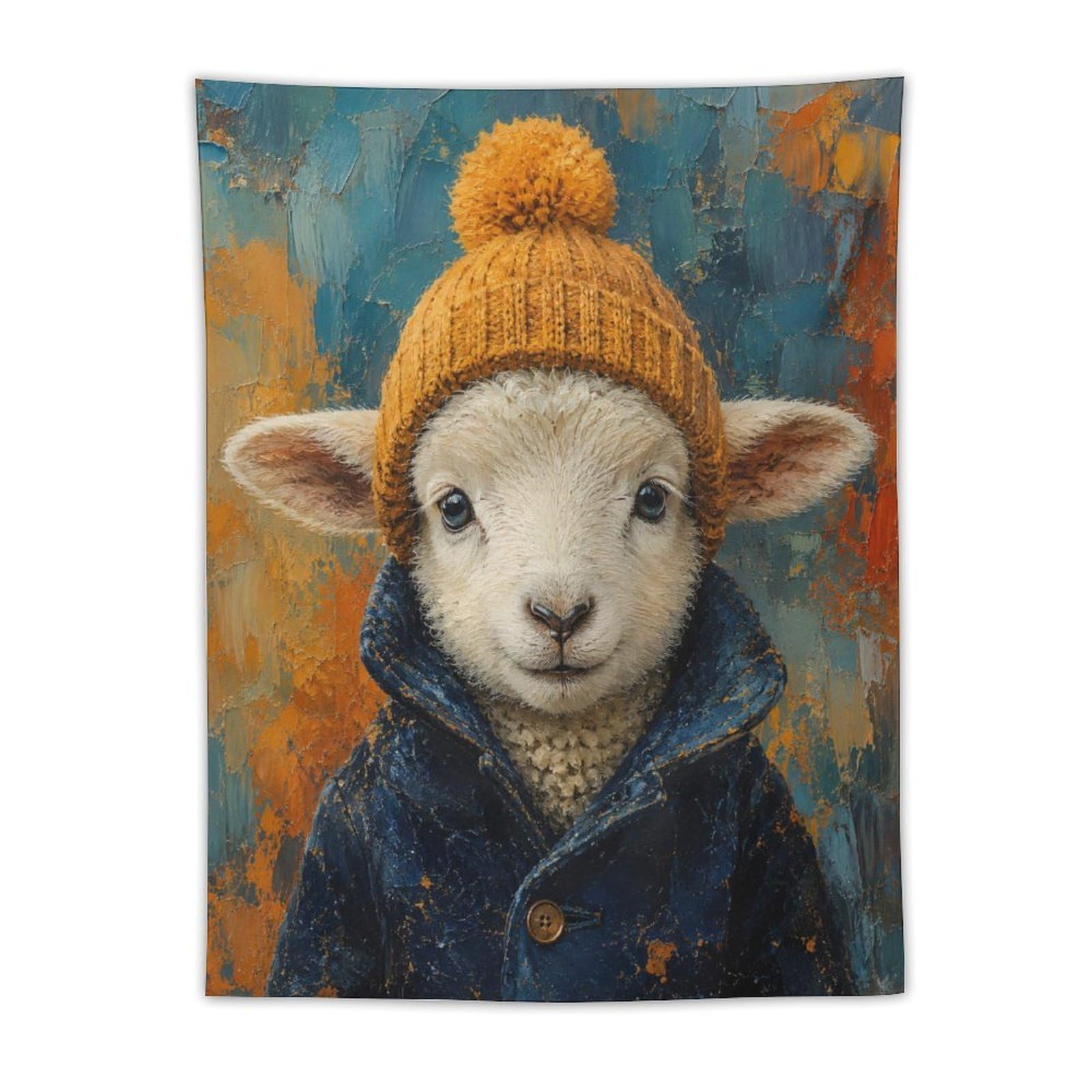 H3B8U2Y5 Lamb Winter Hat Portrait Wall Tapestry, Soft Snow Mood