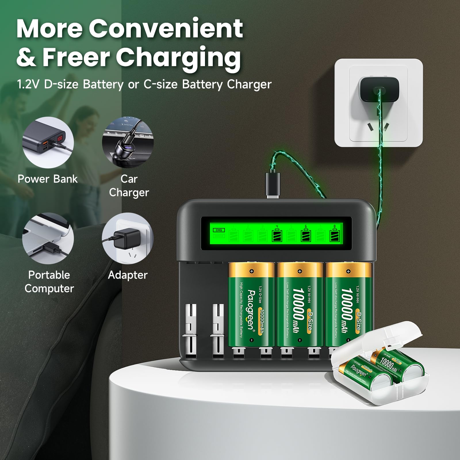 Confezione da 6 batterie ricaricabili D con caricabatterie, caricabatterie universale per batterie ricaricabili AA/AAA/C/D 1,2 V NI-MH NI-CD (3 scatole di batterie)