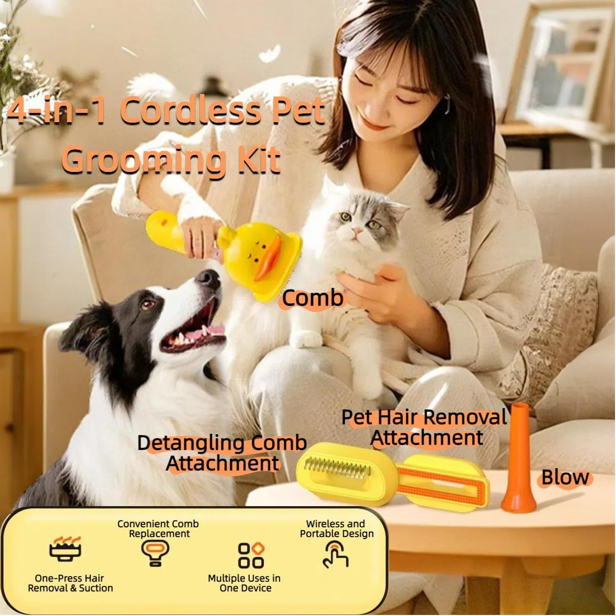 Mini Cordless Dog Vacuum Grooming Kit, 4-in-1 Low Noise Pet Deshedder & Suction Brush with Blow Dryer, Portable Pet Grooming Vacuum for Dogs & Cats, Travel/Outdoor/Indoor