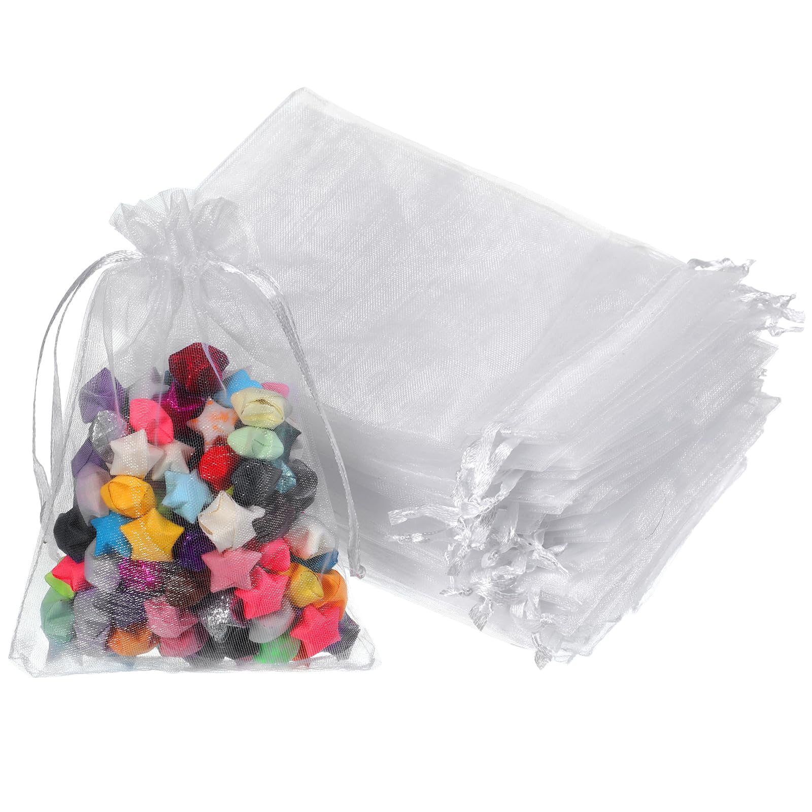 LXUEJIE 100 szt. białych torebek z organzy, 10 x 15 cm, małe siatkowe torby na prezenty, przezroczysta torba siatkowa ze sznurkiem na upominki weselne, biżuteria, cukierki