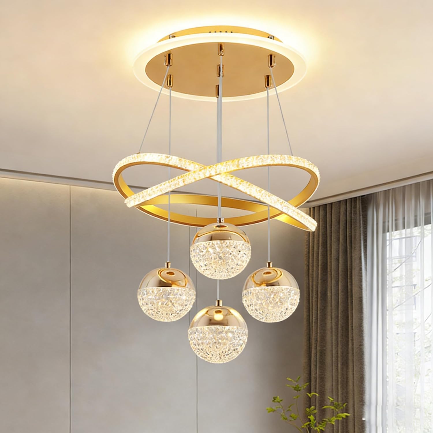 Modern Chrome LED Chandeliers, 3-Color Dimmable Pendant Light for Kitchen Island, Dining Room, Living Room, Contemporary Hanging Ceiling Light