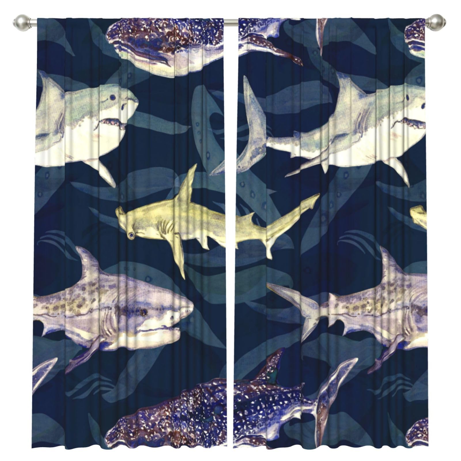 InOmak Shark Whale Marine Life, 2 Panels Window Curtains 52 x 84 Inch Blackout Curtains for Living Room Bedroom