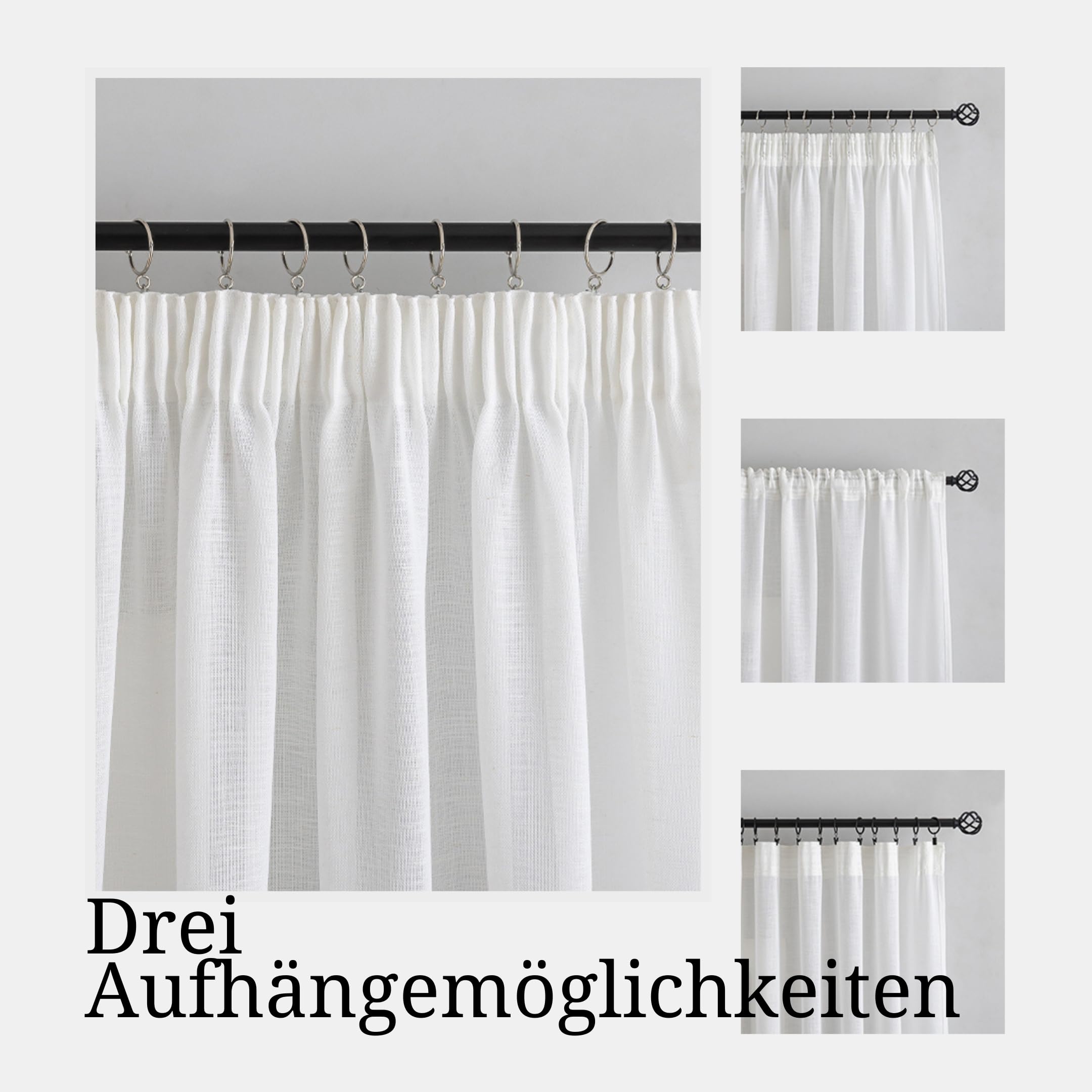 2er Set Leinen Mischgewebe Vorhänge mit Kräuselband Leinenoptik Gardinen für Schlafzimmer Wohnzimmer (HxB 245 x 140 cm, Weiß)