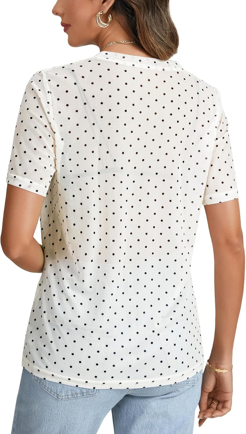 Rooscier Women's Sheer Mesh Short Sleeve Round Neck See Through Sexy Blouse Shirt Top - Image 5