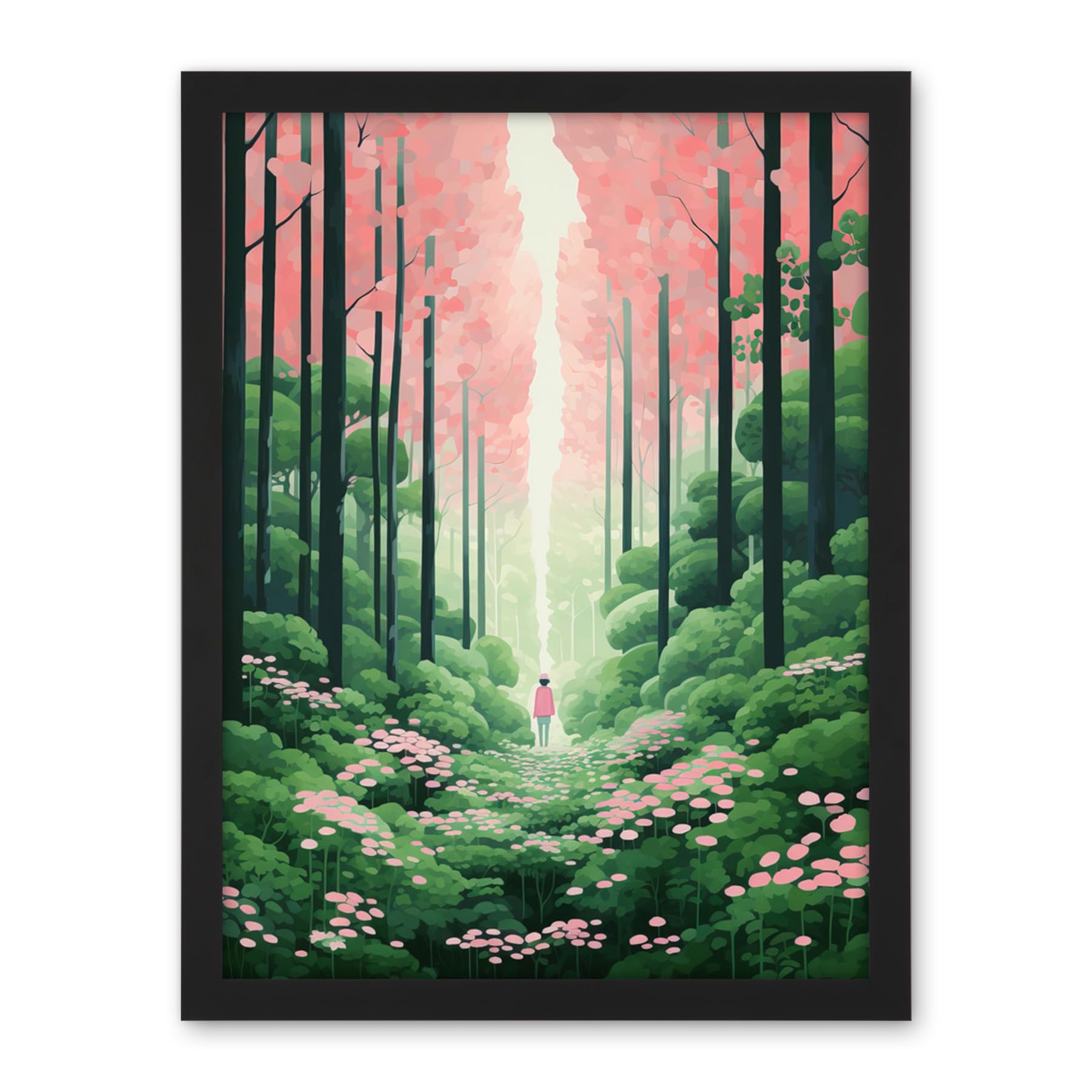 Artery8 Mount Yoshino Cherry Blossom Tree Forest Bright Artwork Baby Pink Green Walk in Nature Trail Artwork Framed Wall Art Print 18X24 Inch