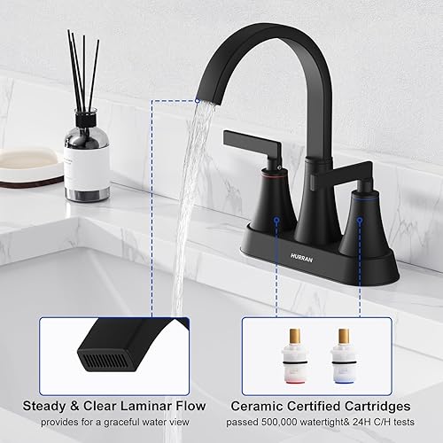 Miniatura 5 de Hurran - Grifo de lavabo de baño negro mate, de 4 pulgadas, 3 agujeros con drenaje emergente y líneas de suministro, grifo giratorio de acero