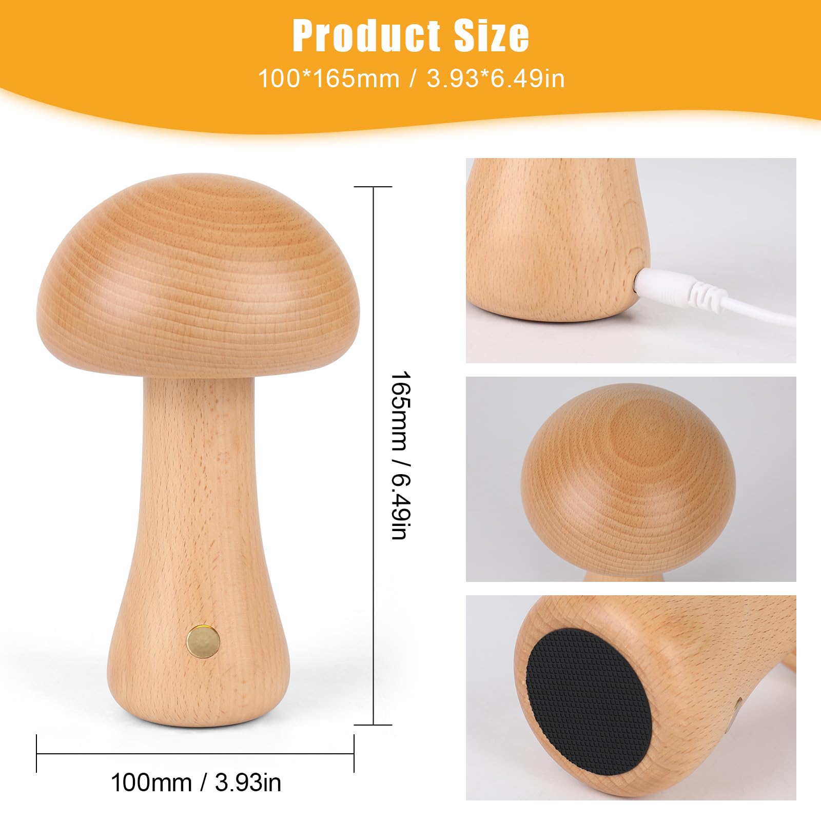 Luce Notturna in Legno Senza Fili Lampada da Tavolo a Fungo con Ricarica USB in Legno di Faggio Luce Notturna Dimmerabile per Decorazioni per la Casa e Camere da Letto (caffè