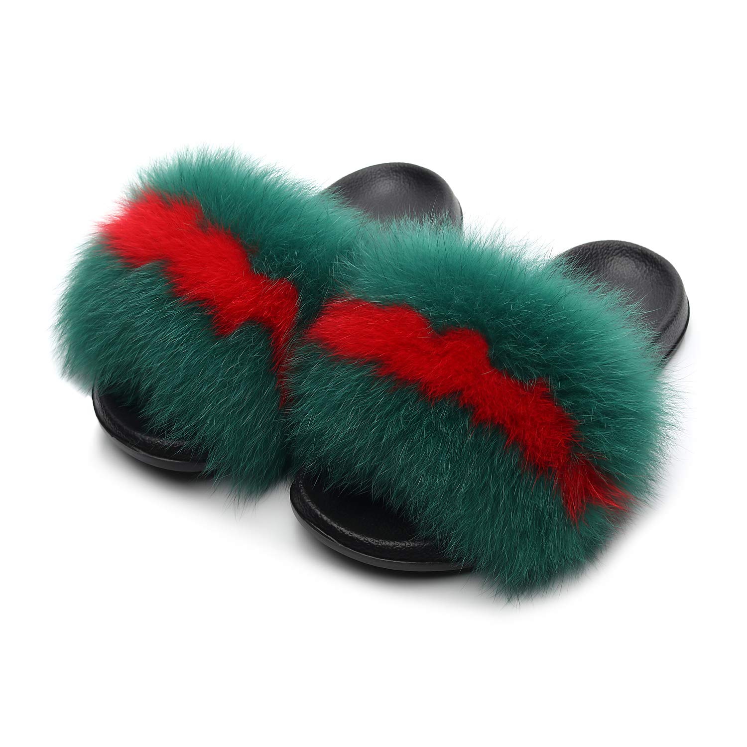 HONGTEYA Real Fox Fur Slides Slippers for Women Toddler Girls Feather Slip On Summer Furry Sandals Flip Flops Shoes Flats