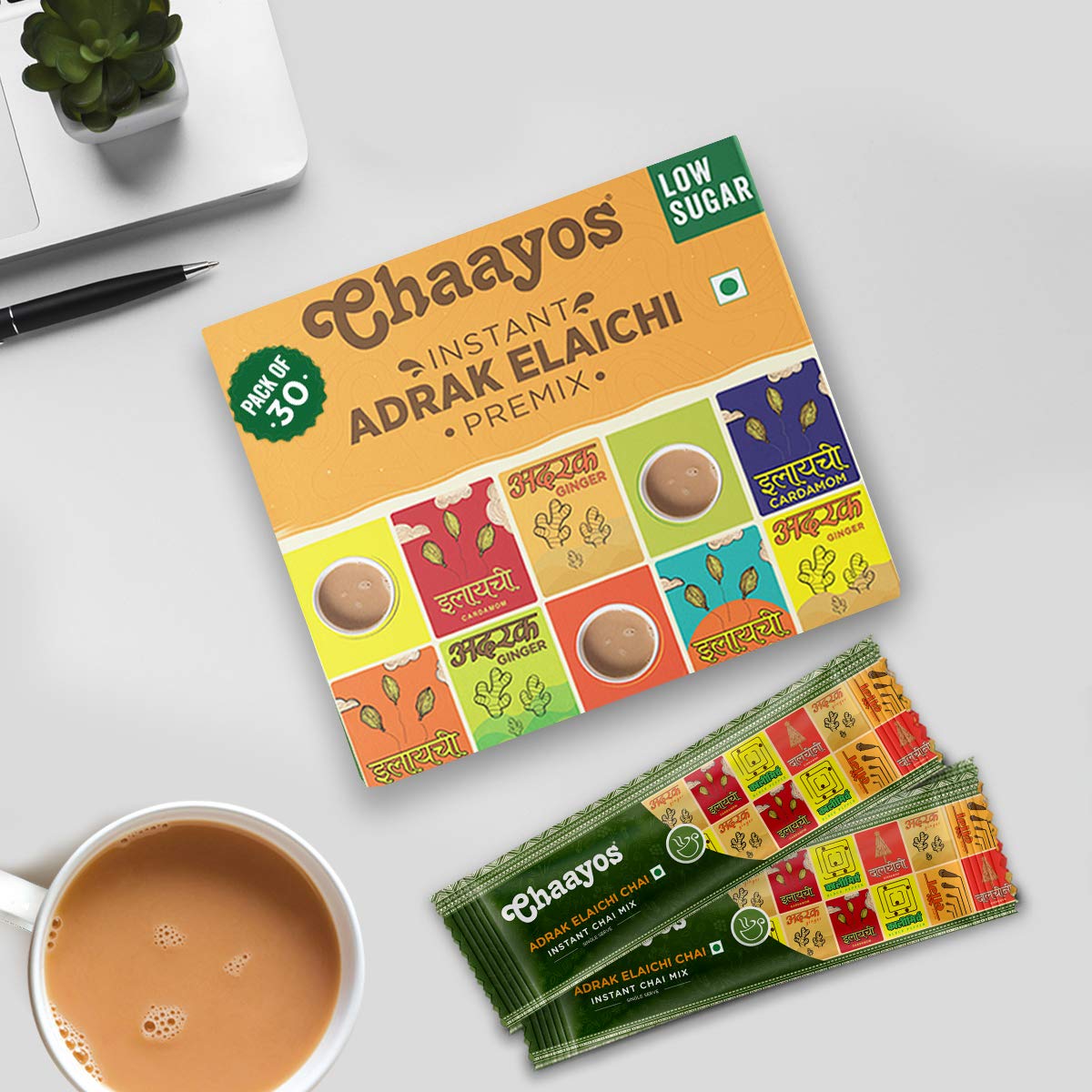 Chaayos Instant Tea Premix - Low Sugar - Adrak Elaichi Flavour | Ginger