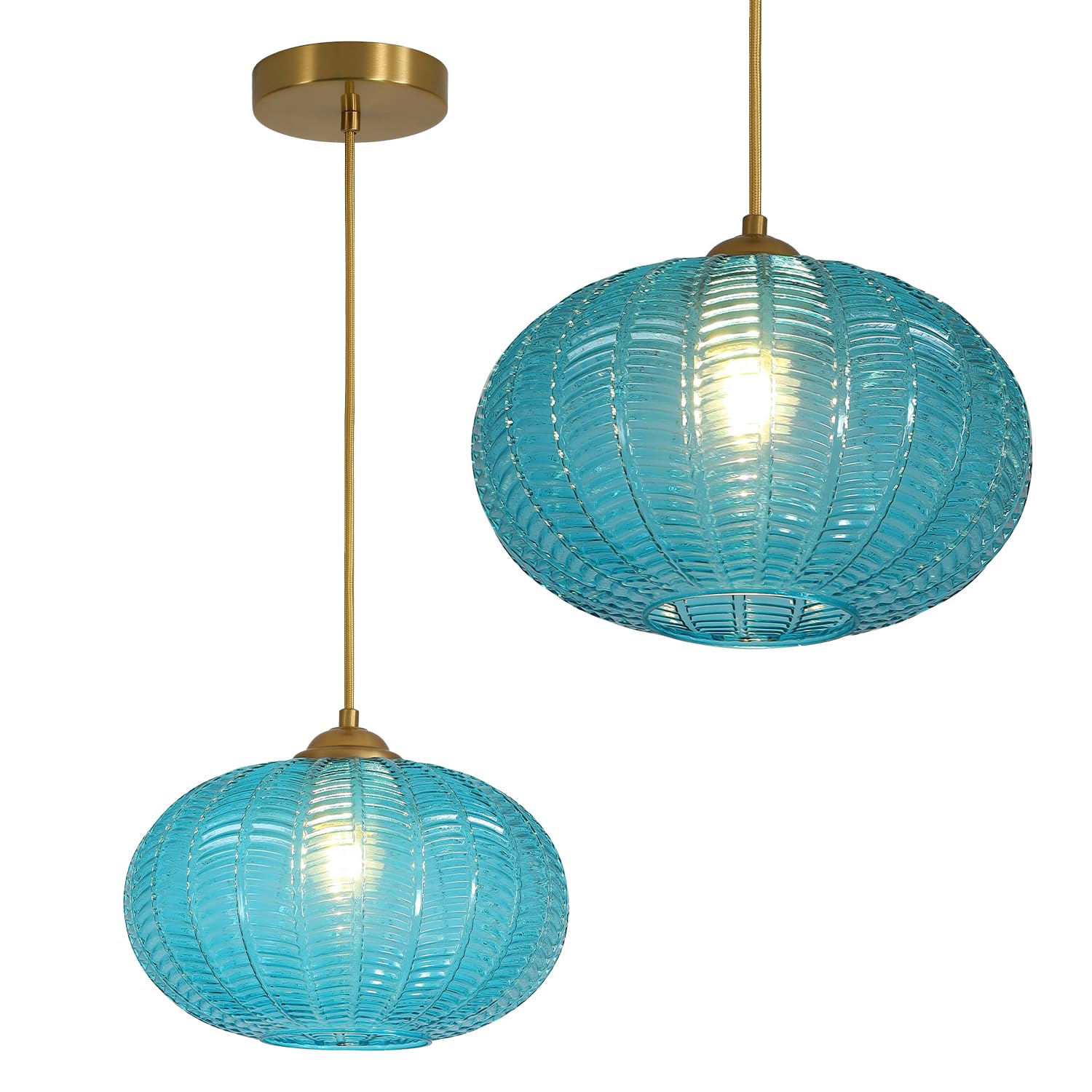 Magiroz 1 Light Modern Brushed Gold Pendant Light Fixture Minimalist Blue Glass Hanging Lights Kitchen Island Vintage Adjustable Antique Brass Dining