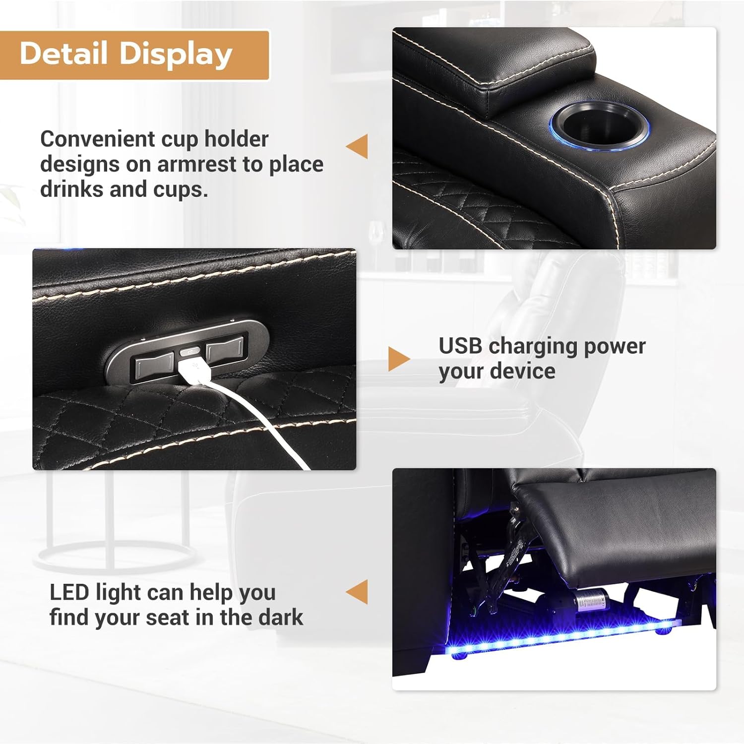ANJ Power Home Theater Seating Recliner Chairs, PU Leather Recliner with Cup Holders, Electric Movie Theater Reclining Chairs with Adjustable Powered Headrest, LED Lights, Hidden Arm Storage (Black)
