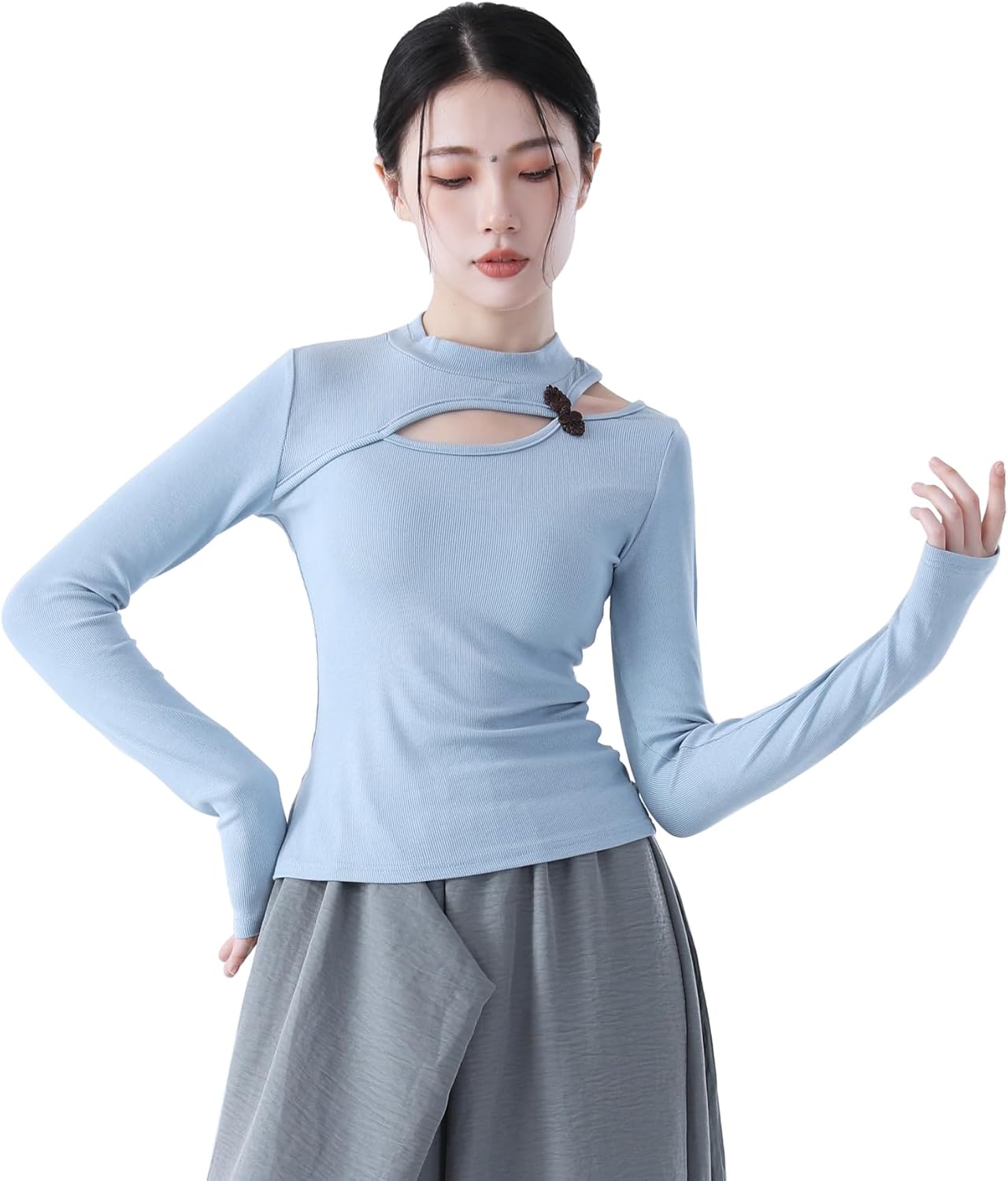 Angcoco Elegante top met opstaande kraag en lange mouwen en duimgat voor dames Angcoco Elegante top met opstaande kraag en lange mouwen en duimgat voor dames