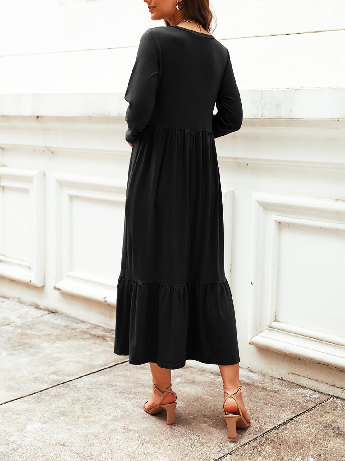 Women's Long Sleeves Maxi Dress Casual Loose Tiered Flowy Swing Beach Long Dresses with Pockets - Image 6