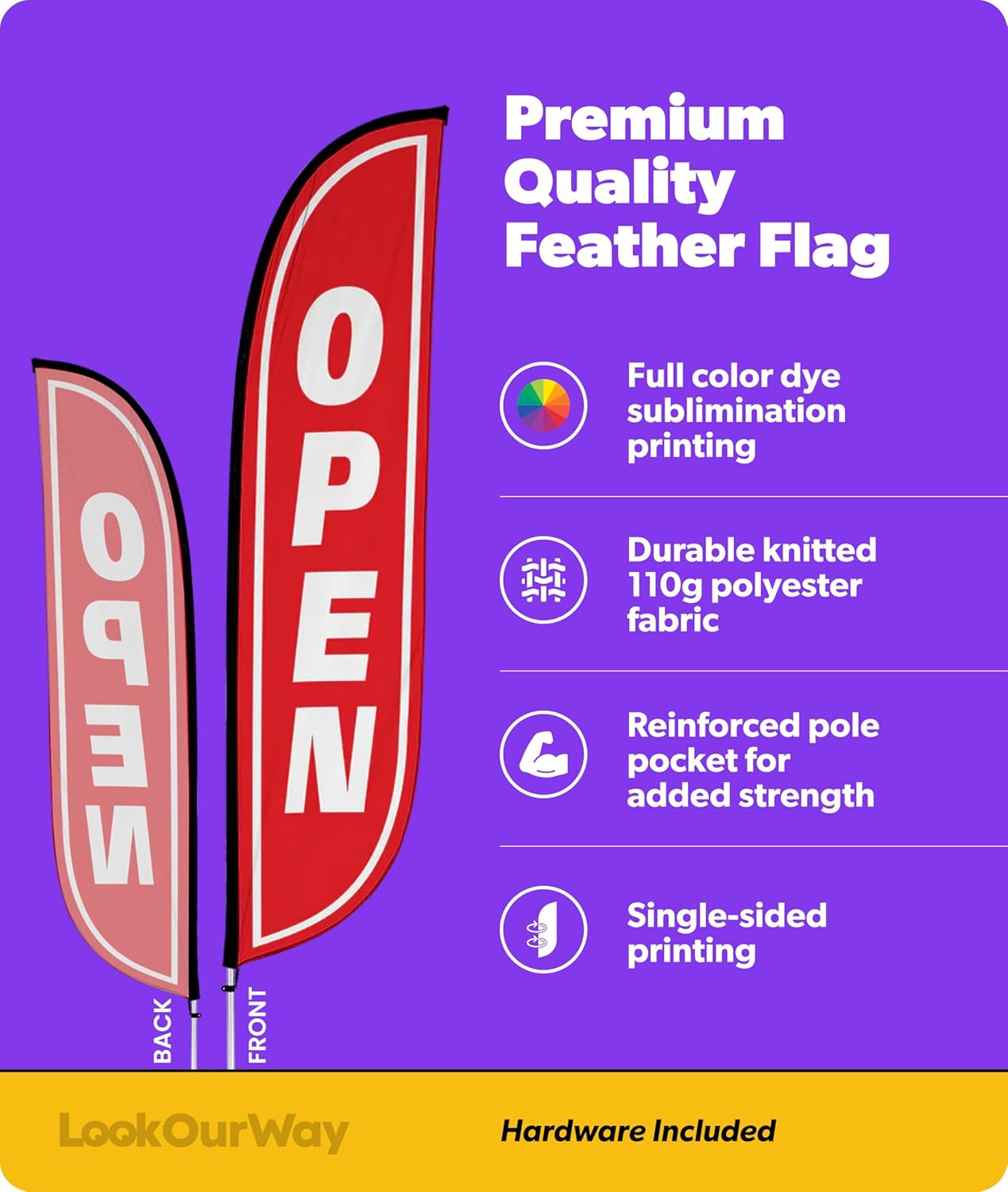 LookOurWay Feather Flag Pole Kit - 12 Feet Tall Advertising Flag Banner with Fiberglass Pole Kit and Ground Spike for Business Promotion - Grand Opening Flags - Open Red & White (10M1200104)