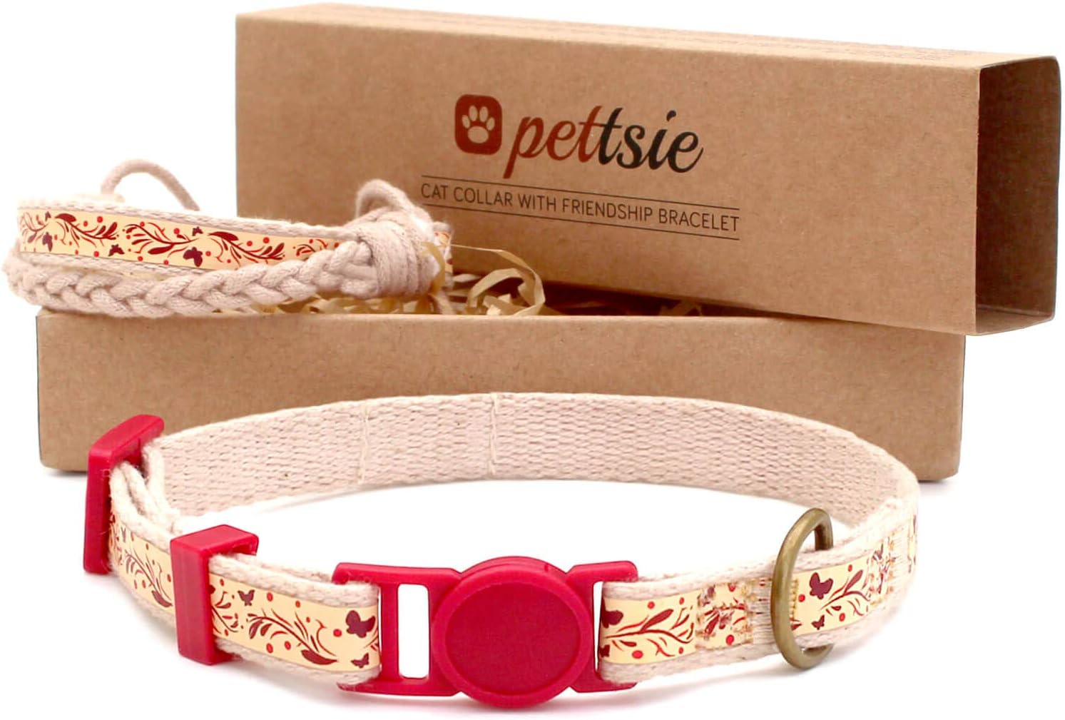 PettsieCat Collar Set, Breakaway Safe Buckle, Matching Friendship Bracelet, Pet-Friendly Carton Box for Kitty Lovers, Soft Cotton for Sensitive Skin, Easy Adjustable 7.5-11.5 Inches, Red