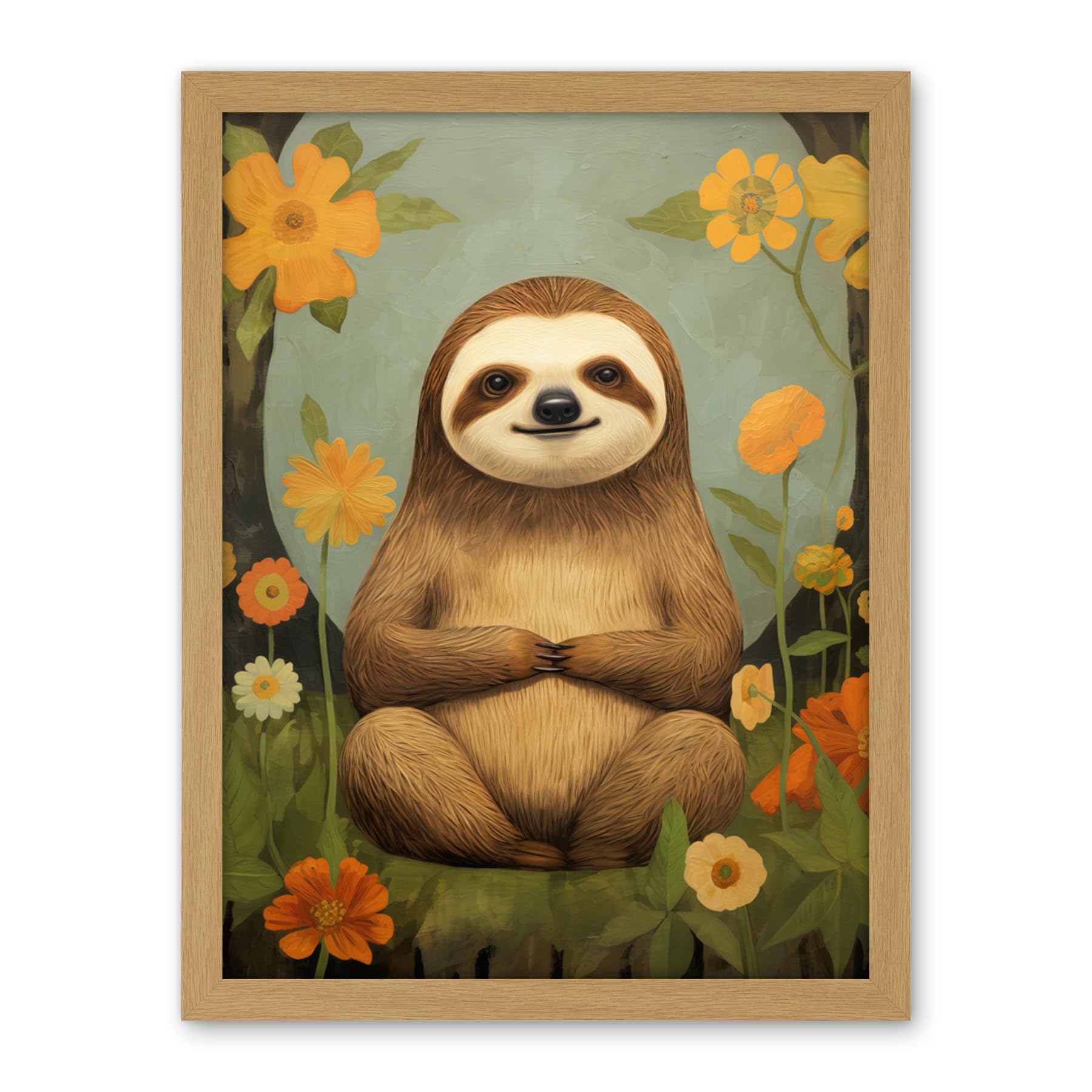 Artery8 Smiling Sloth Meditating in Forest Flowers Kids Bedroom Artwork Framed Wall Art Print 18X24 Inch