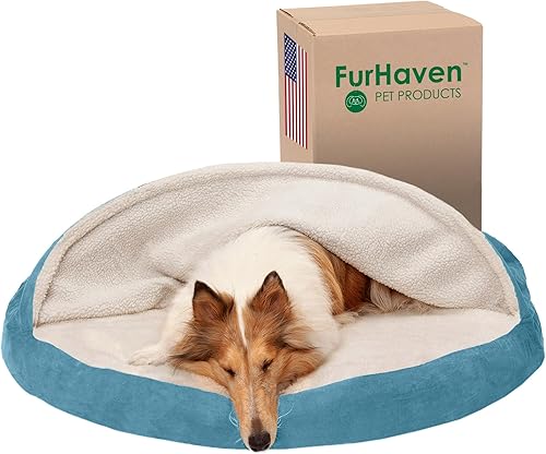 Cama Furhaven de sherpa y gamuza acogedora - Cama ortopédica de espuma para perros, color azul, 44 pulgadas