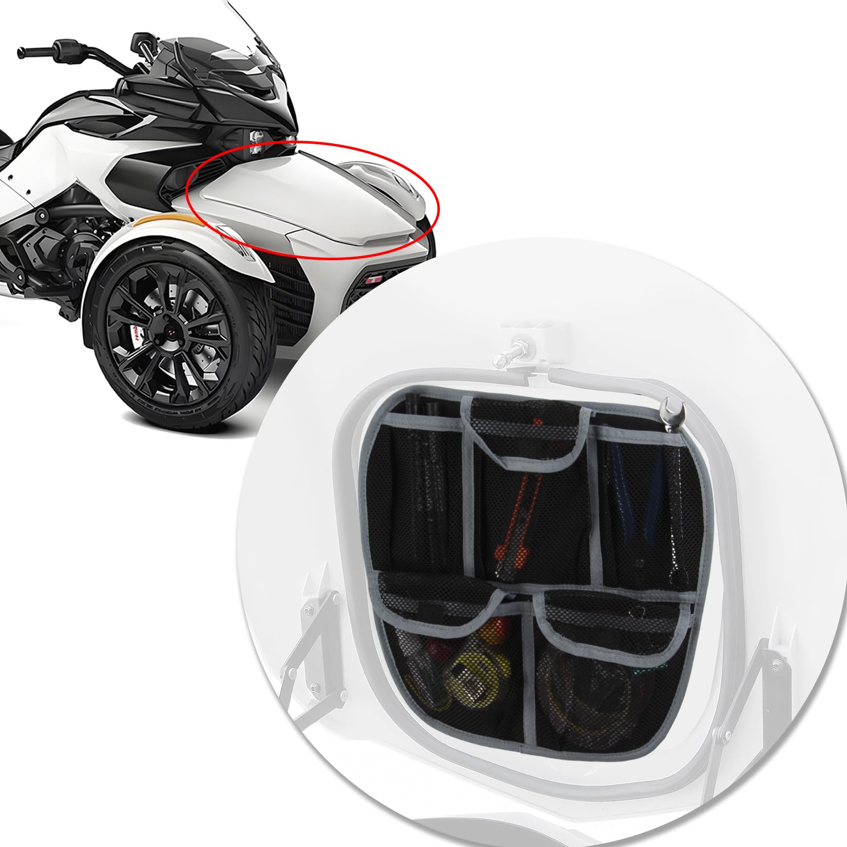 PSLER Front Trunk Side Organizer for Spyder F3 F3S F3T F3L 2015-2024, Motorcycle Bag with 3 Mesh Pockets, Nylon Material, Dustproof and Durable