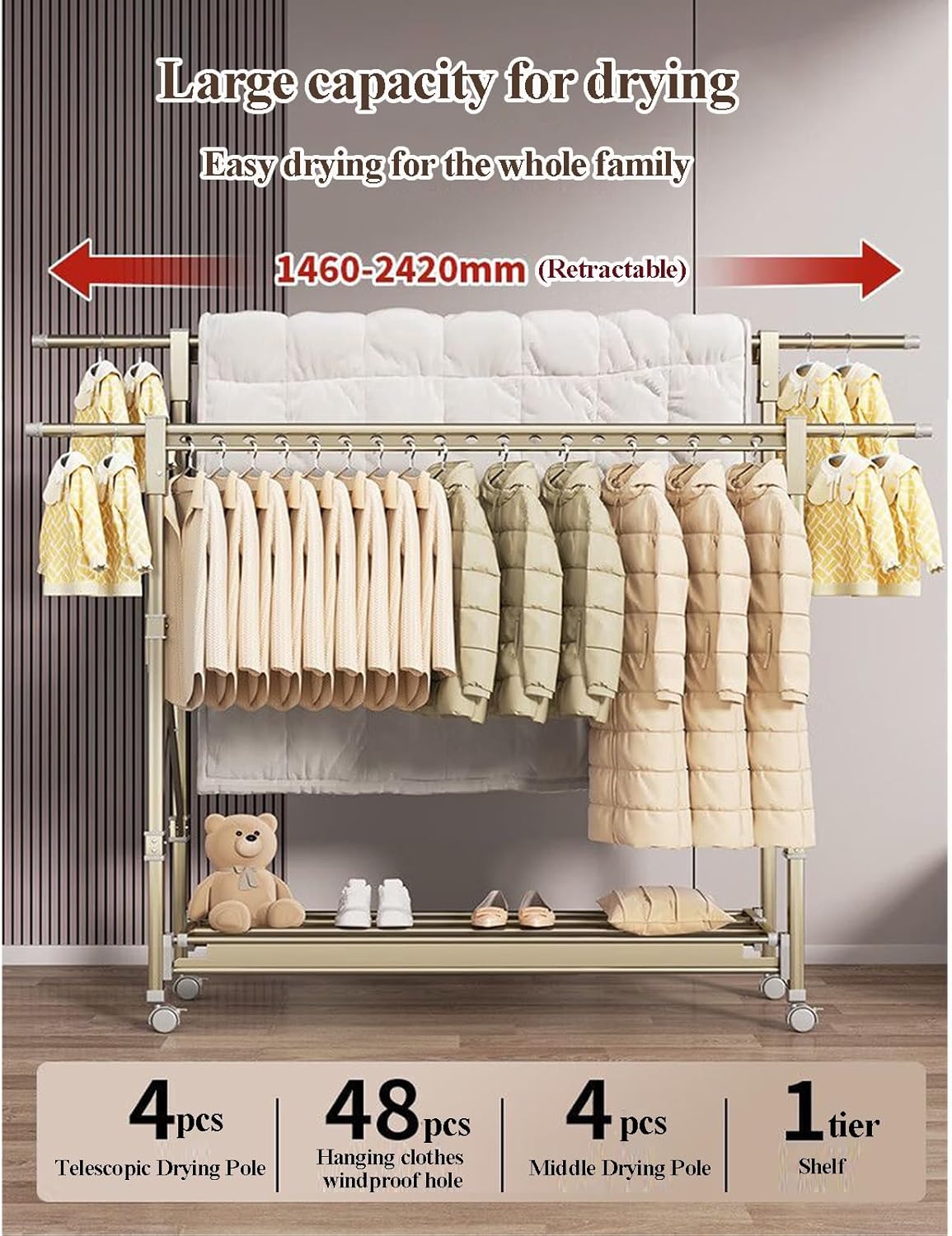 Floor-Standing Solid Wood Rotating Coat Rack，Adjustable 3-Level Foldable Clothes Drying Rack - Space-Saving Retractable Laundry Rack for Indoor/Outdoor Use, Perfect for Bedding & Garments, 1