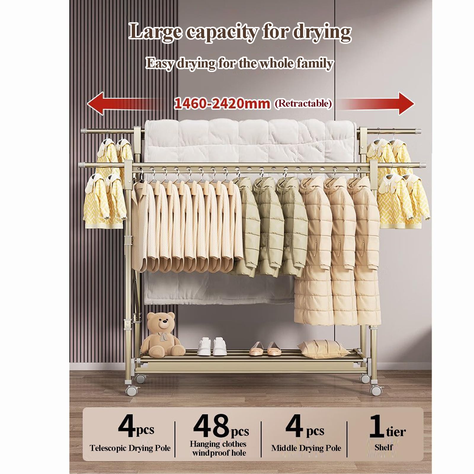 Generico Appendiabiti Pieghevole Regolabile e stendibiancheria - Altezza a 3 Livelli (57,5-57,5 Pollici) Organizzatore per bucato salvaspazio per Interni/Esterni, 15 cm di Spessore, Perfetto per bian