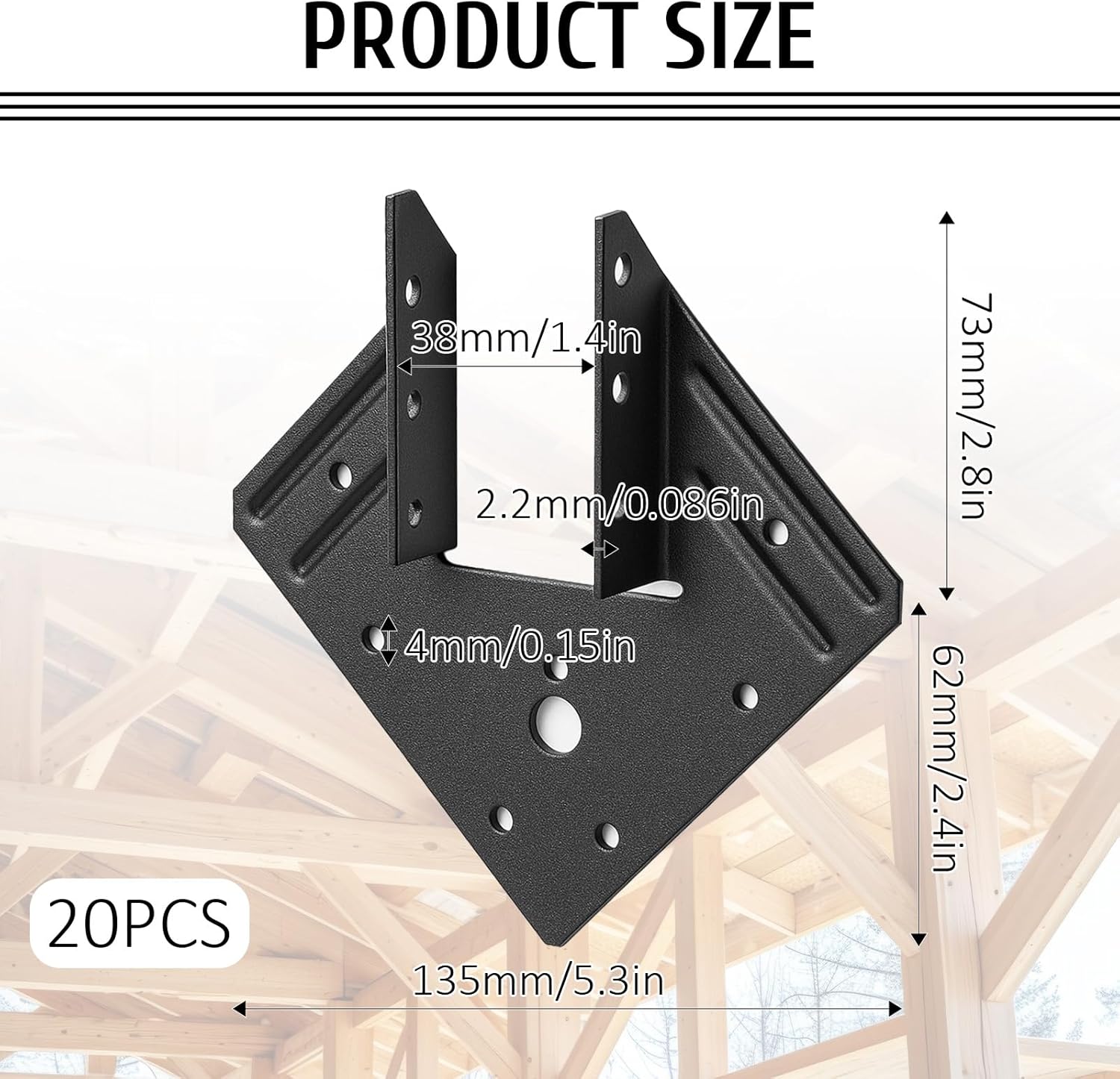 JJUNW 20 PCS Black Hurricane Tie for Rafter, 13 Gauge(Thick 2.2mm) Joist Hangers Fit 2x4, 2x6 Truss to Rafter Connector for Roofing Trusses Wood Timber Brackets, Powder Coating