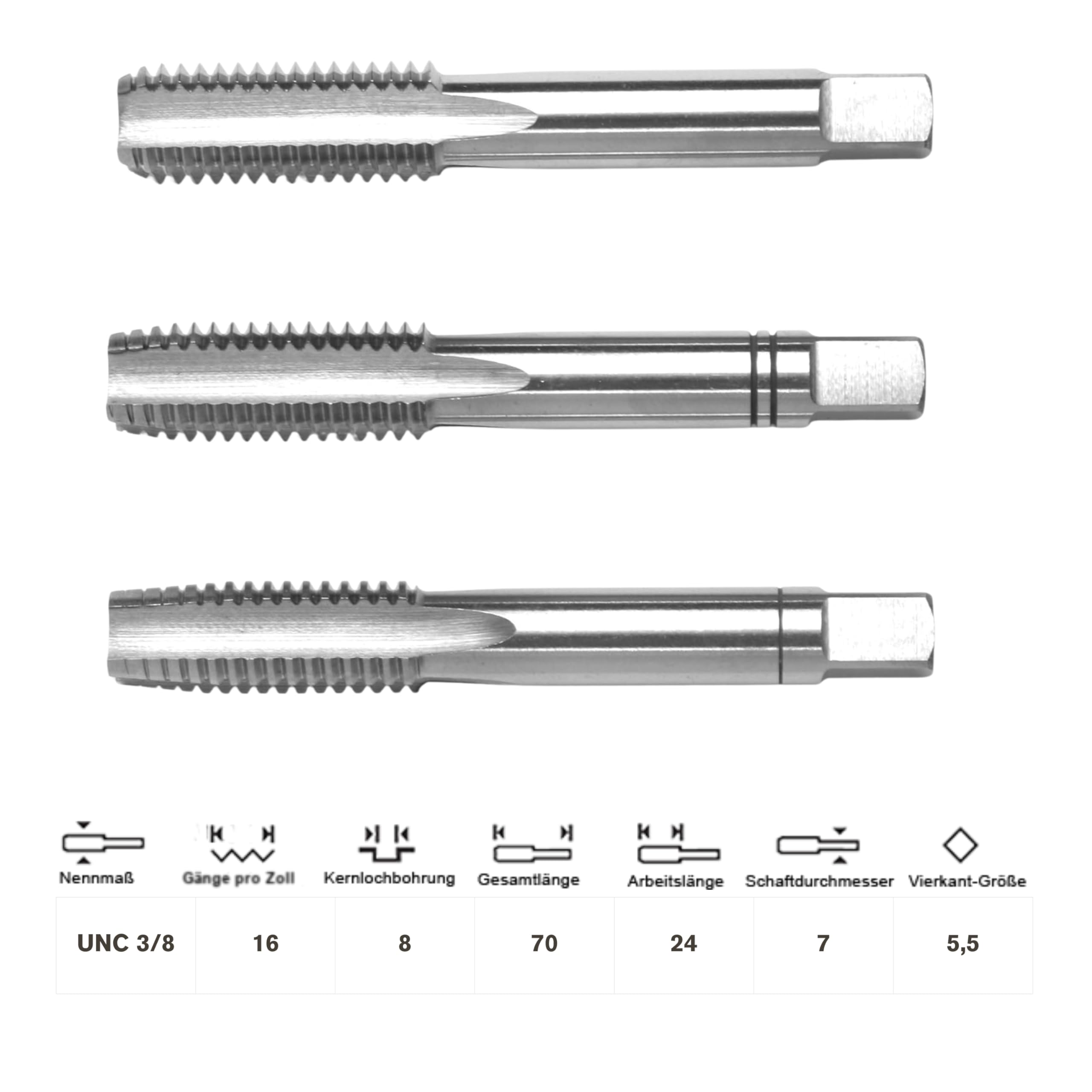 GSR PROFI Gewindebohrer Satz Zoll UNC 3/8" x 16 HSSG Stativgewinde, Geschliffen, HSSG Metallbohrer Satz, Vorschneide, Mittelschneider & Fertigschneider, Durchgangs- & Sackloch