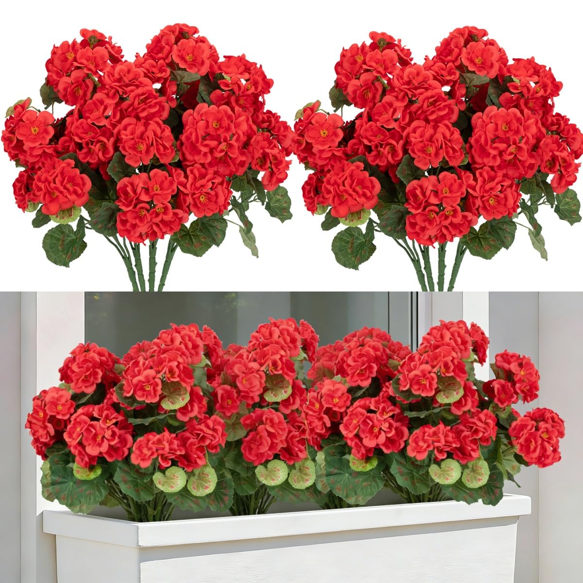 Laelfe Kunstmatige Geraniums voor Buitenshuis UV-bestendige Nep Geraniums Bloemen Zijden Faux Geraniums Bloemen voor Buiten Binnen Huis Balkon Decoraties (4, Rood