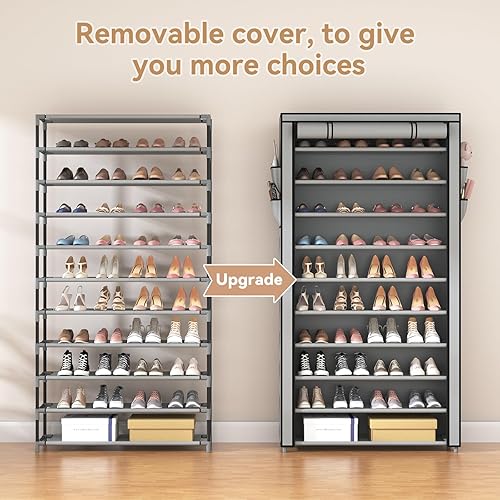 Miniatura 5 de ROJASOP Zapatero con cubiertas, estante apilable de 10 niveles de alto para zapatos, 50-55 pares de zapatos y botas, organizador vertical de gran