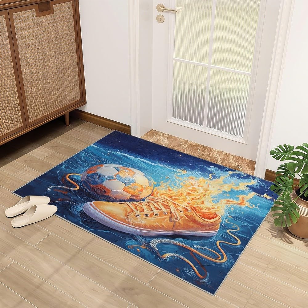 Dywanik antypoślizgowy do salonu, sypialni, 80 x 150 cm, zmywalny, odporny na plamy, niskie runo, chmura, buty do piłki nożnej, płomień, mały dywan, miękki, odporny na blaknięcie, niebieski, do domu