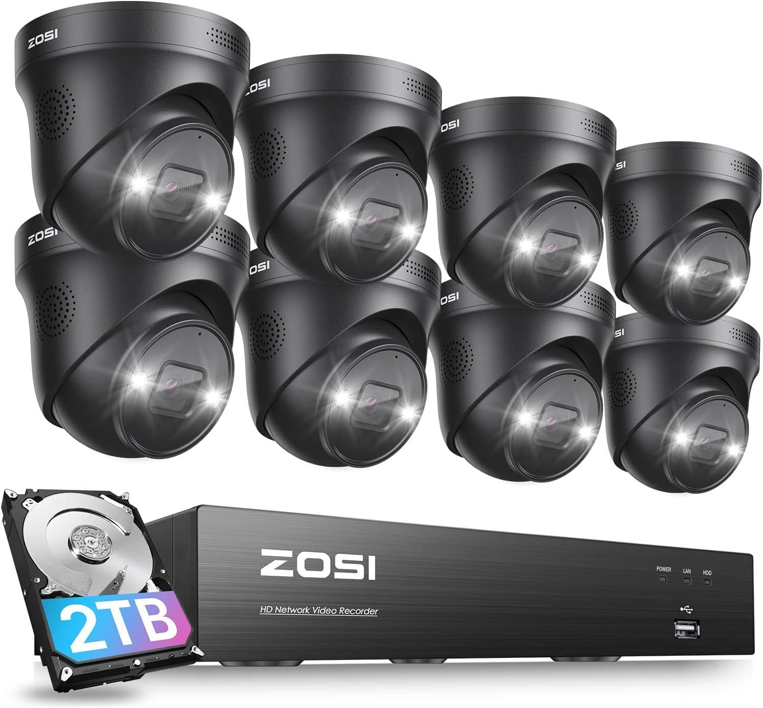 ZOSI 4K PoE Security Camera System with Person Vehicle Detection,8 Ports 16CH 8MP NVR with 2TB HDD,8pcs 4K Outdoor Indoor PoE IP Cameras,Night Vision,Spotlight Siren,2 Way Audio,for 24/7 Recording