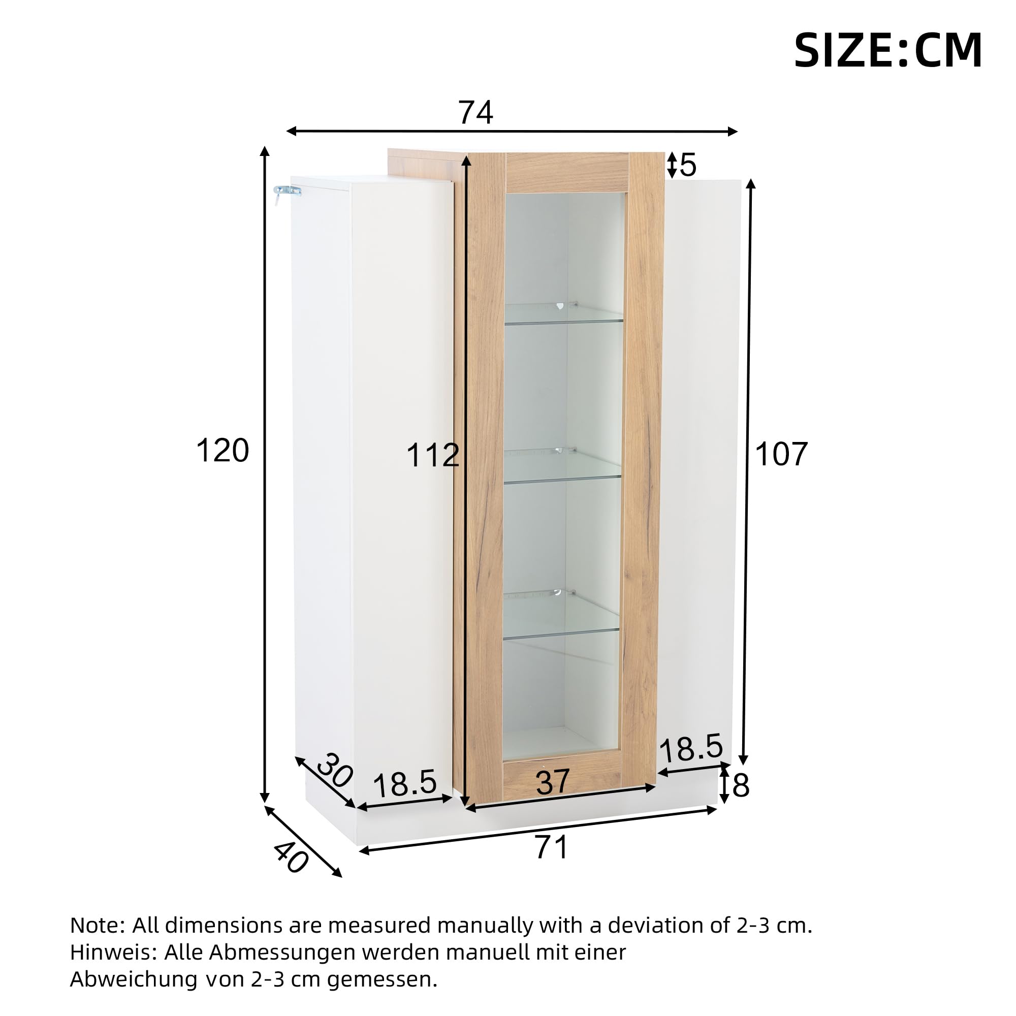 74 x 40 x 120 cm, armario de salón con 3 puertas, puertas transparentes, vitrina brillante con LED, estantería con estantes de cristal y cajón, vitrina de pie con una altura de 120 cm
