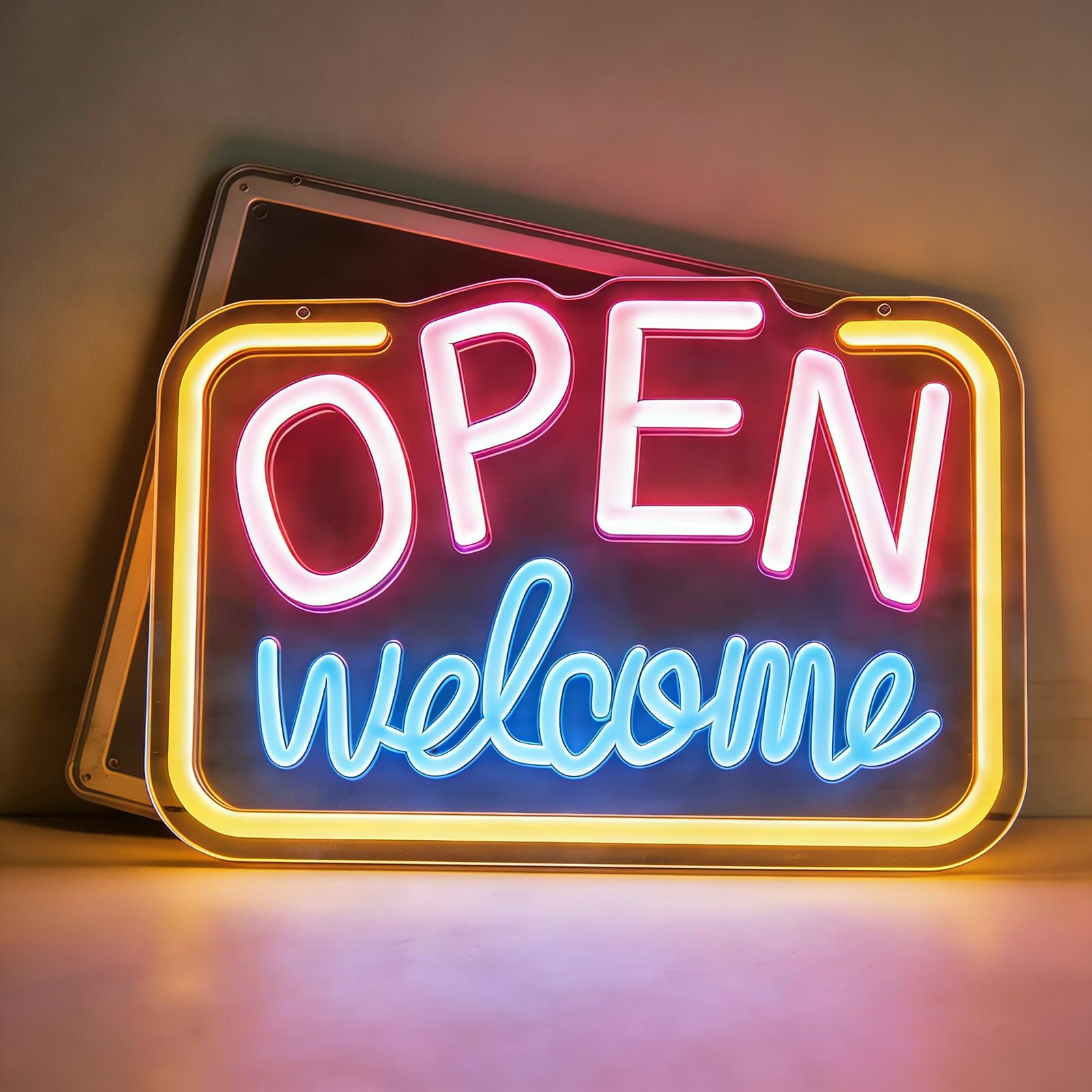 Open Welcome Neon Sign Dimmable Bright Welcome Open Neon Light for Business Storefront Shop Cafe Bar Restaurant USB Powered Wall Decor Light Up Sign Size 16.93 * 9.06IN
