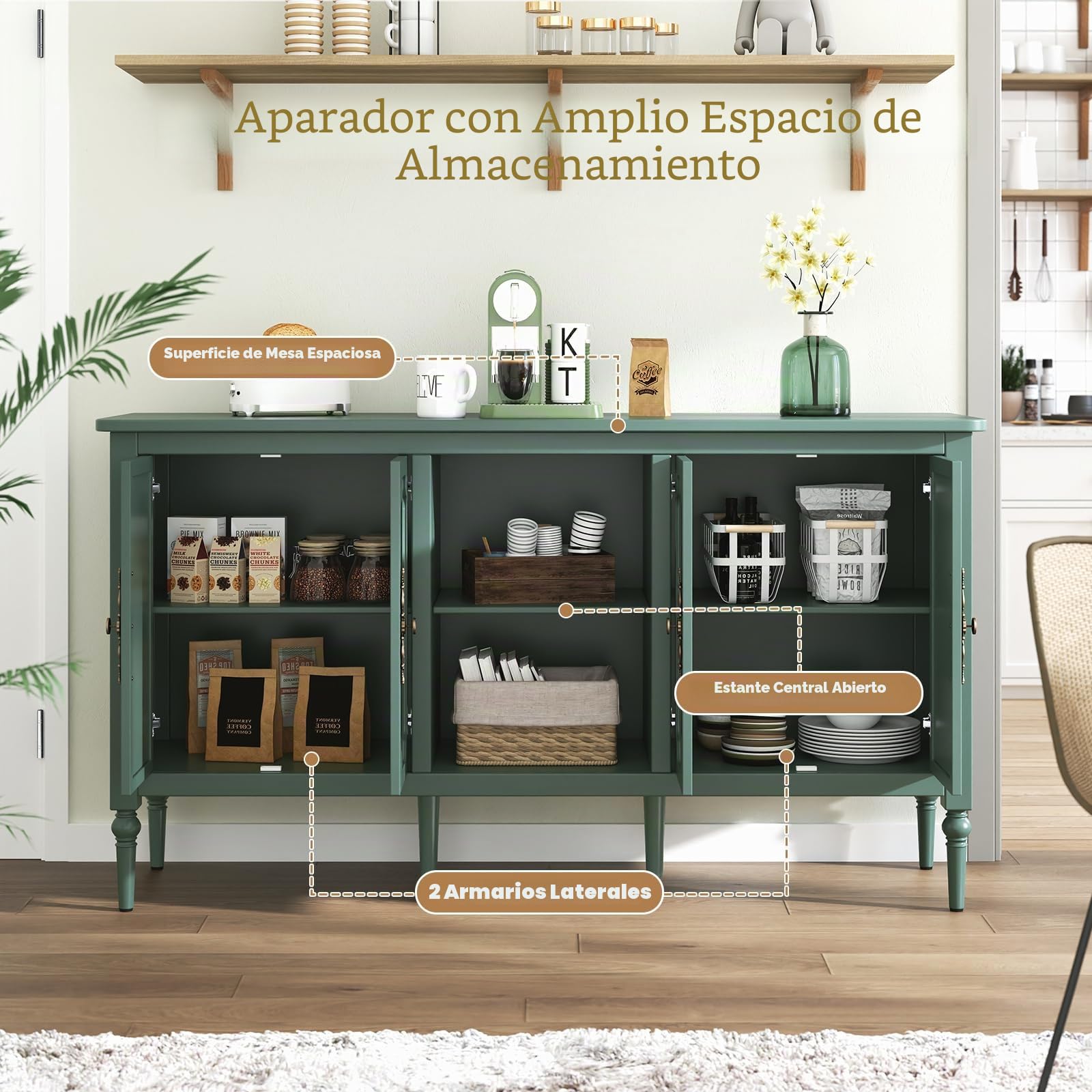 HOLTICO Aparador,Mueble Auxiliar,Cómoda De Almacenaje con 4 Puertas Y Estante Abierto,2 Estantes Ajustables En 3 Niveles,para Salón Comedor Cocina,151x40,5x80cm,Verde
