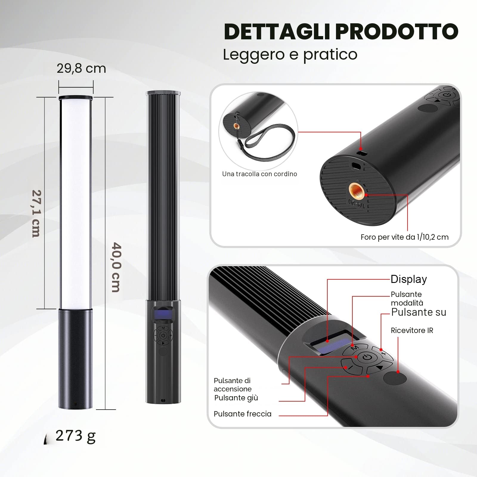 1 lampada video LED RGB per fotografia, luce a colori 2500 K-6500 K CRI95+, luminosità regolabile da 0 a 100%, con display LCD, treppiede da 0,75 m a 2,08 m e telecomando