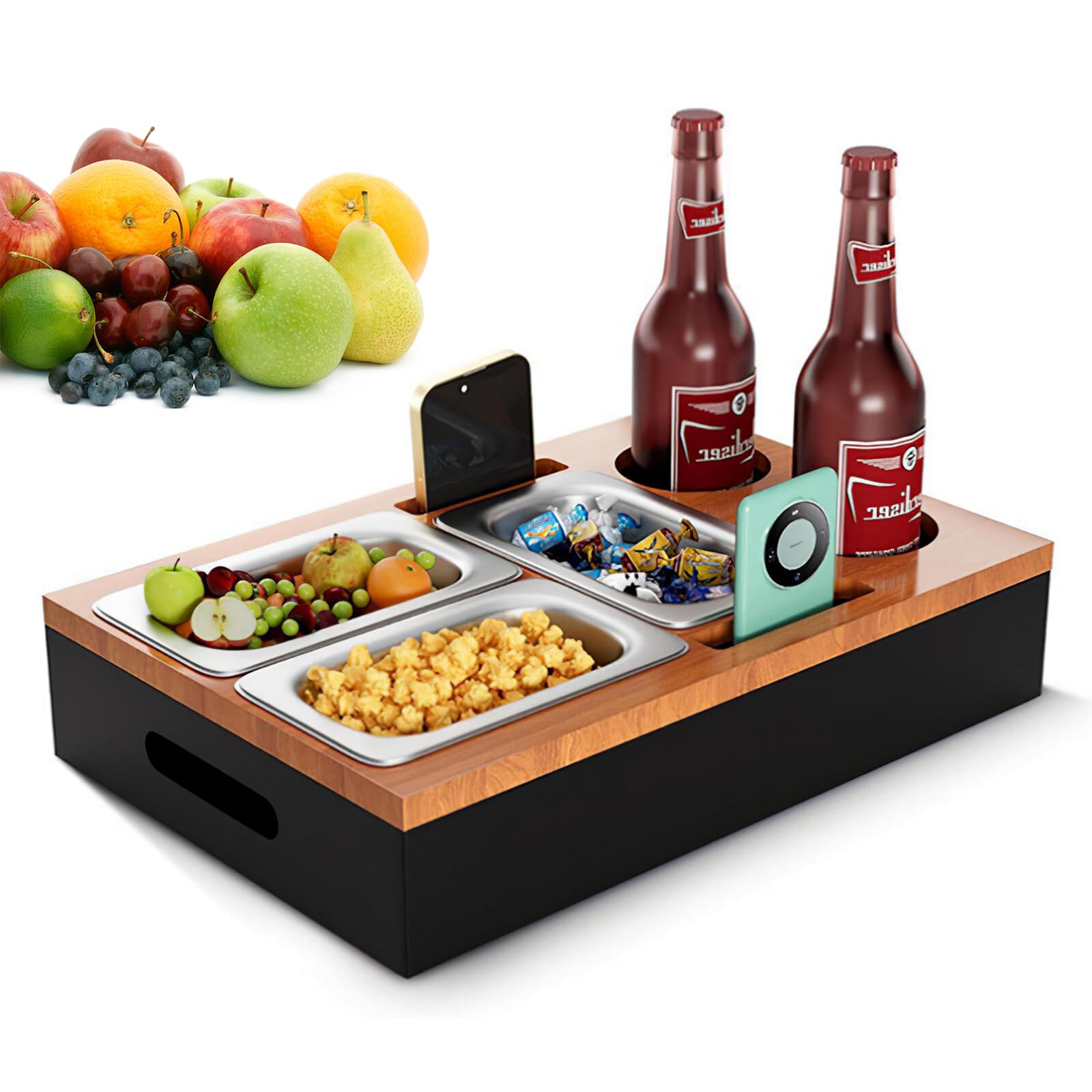 Leukoles Brown Couch Bar, Wooden Couch Organiser With Stainless Steel Snack Bowls, Drink And Remote Control Holder, Sofa Butler For Living Room