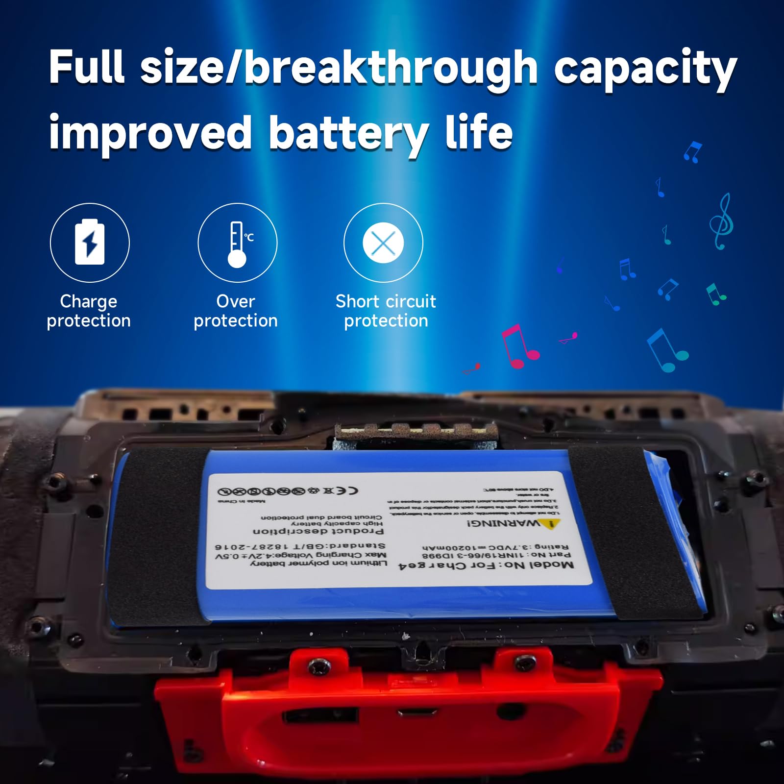 CITYORK Batterie Li-ION 3,7 V 10200 mAh pour JBL Charge 4, 4J,4BLK, Compatible avec Charge 4BLUAM, P/N ID998, SUN-INTE-118, 1INR19/66-3