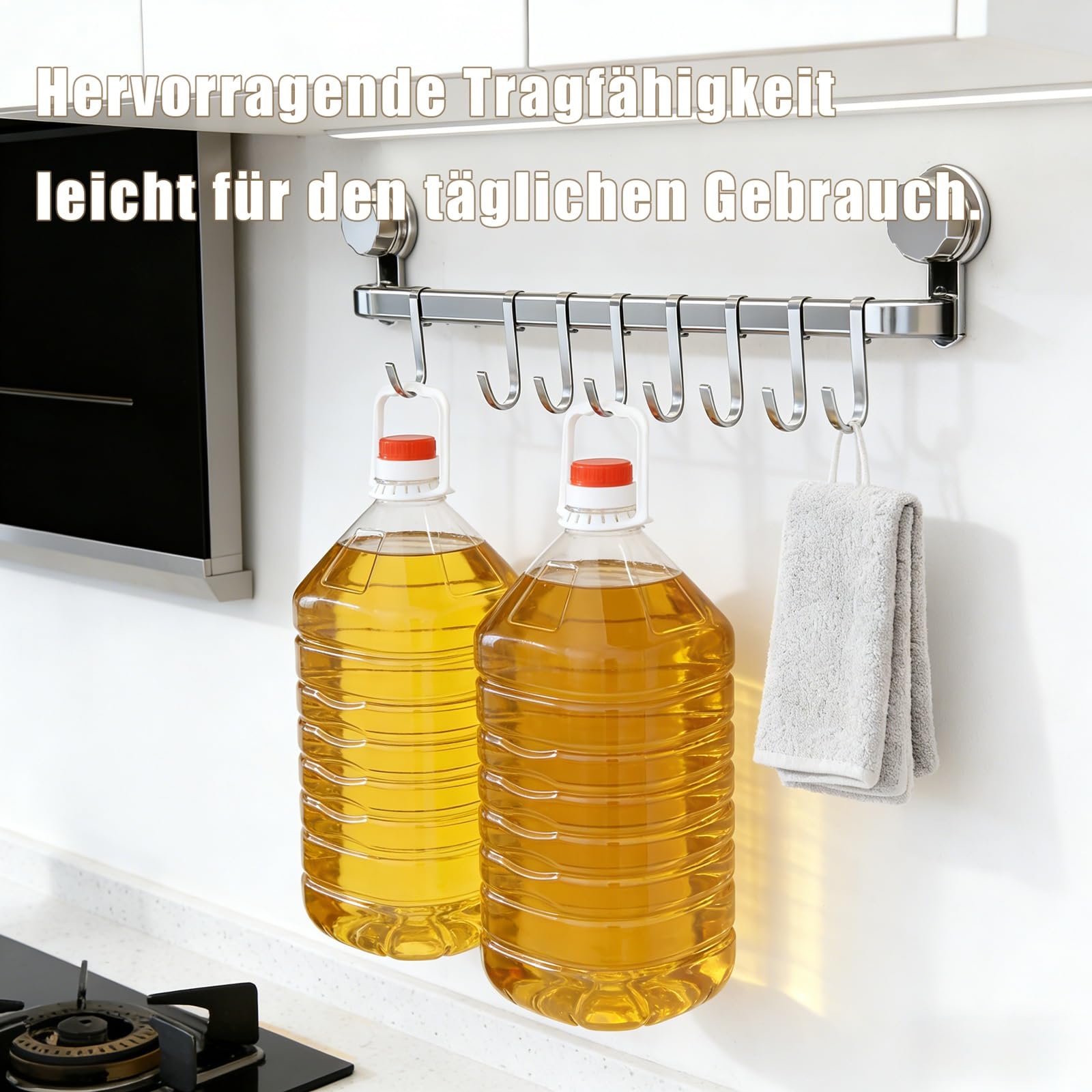 Küchenstange,Hakenleiste Küche ohne Bohren mit 8 Haken,Küchenutensilienhalter Saugnapf Montage,45 cm lang,Halter für Küchenutensilien,Selbstklebend Abnehmbarer Haken für Küche, Bad, Zimmer (Grau)