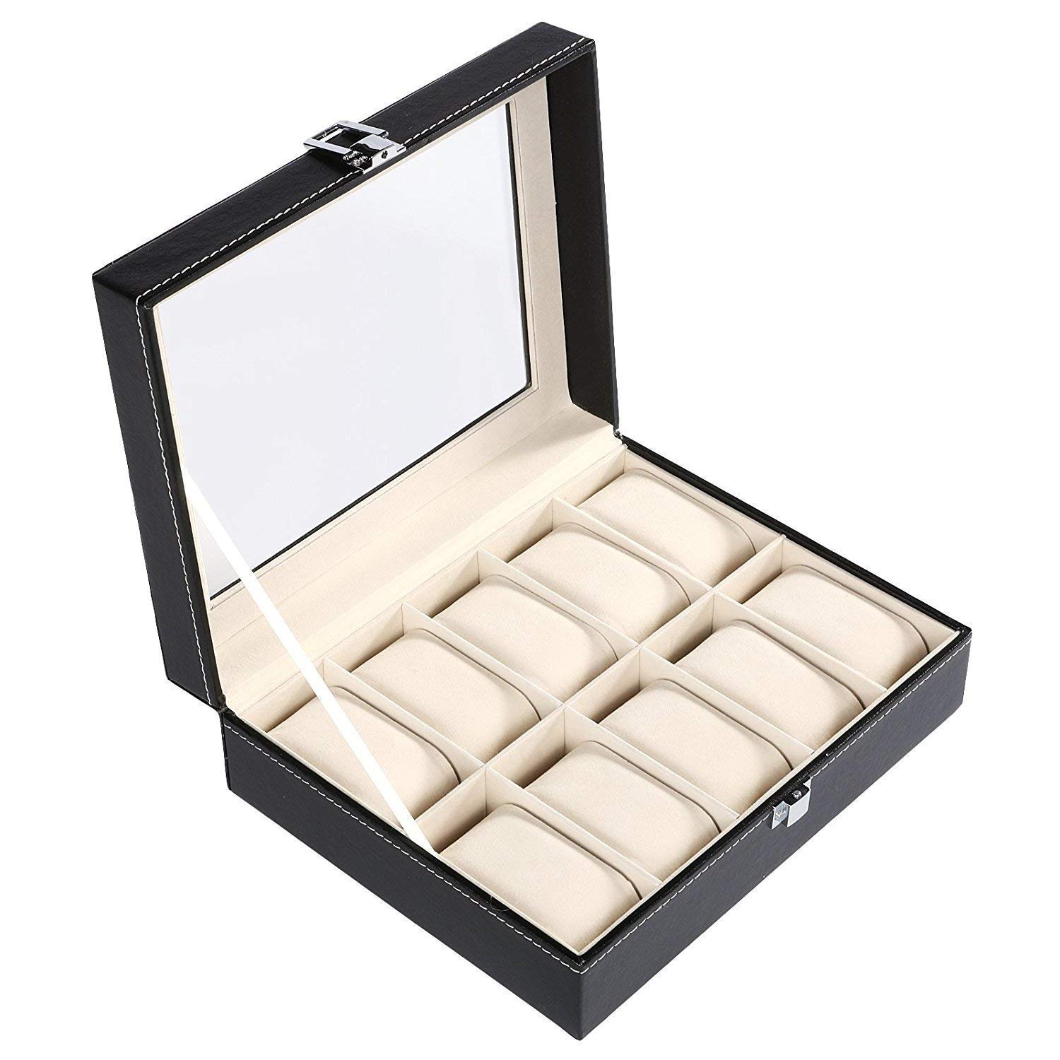 BEGHOME Watch Box 10 Slot Display Case Organizer Glass Storage with Pu Leather for Men and Women