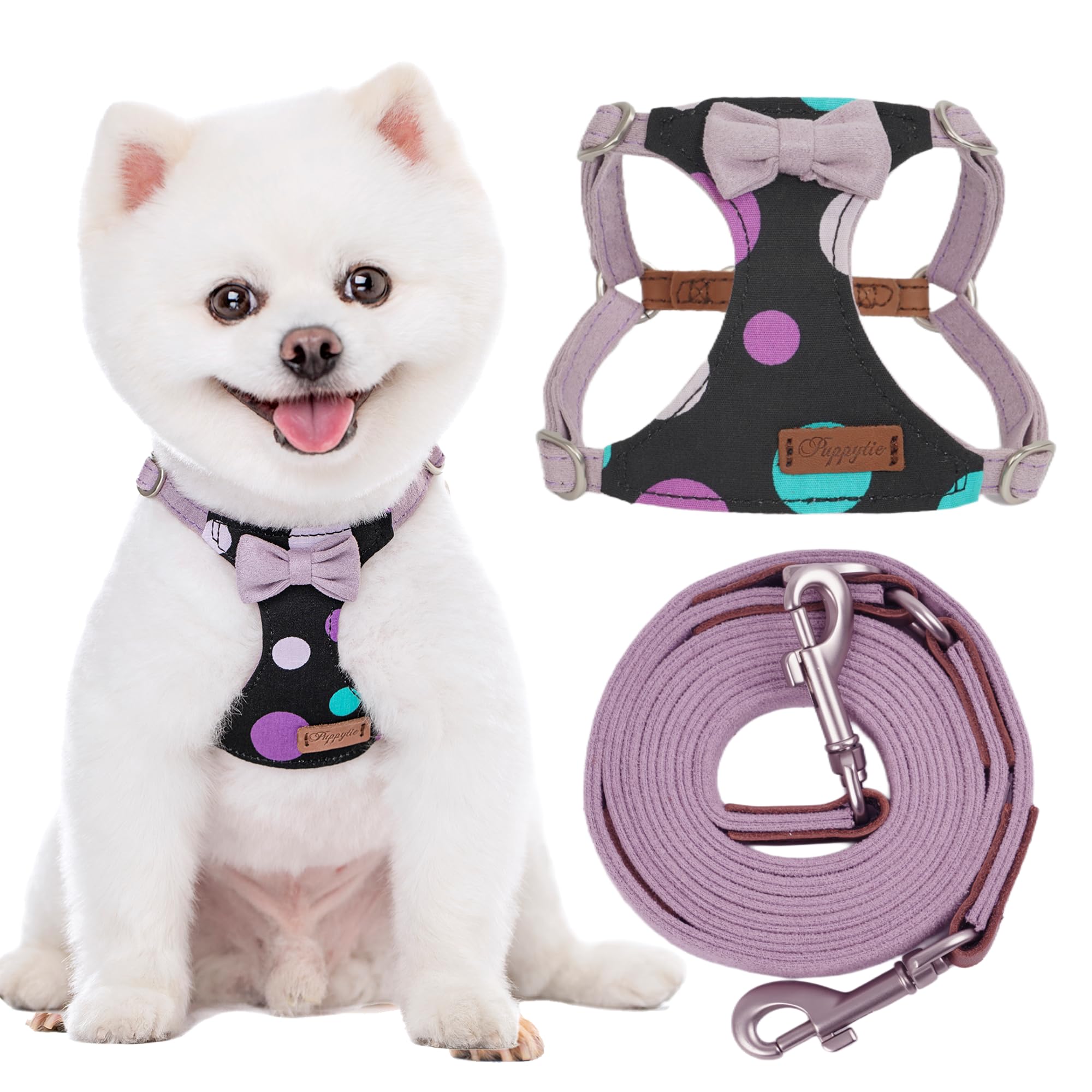 Puppytie XS Puppy Harness and Leash with Polka Dots, Pink, XS