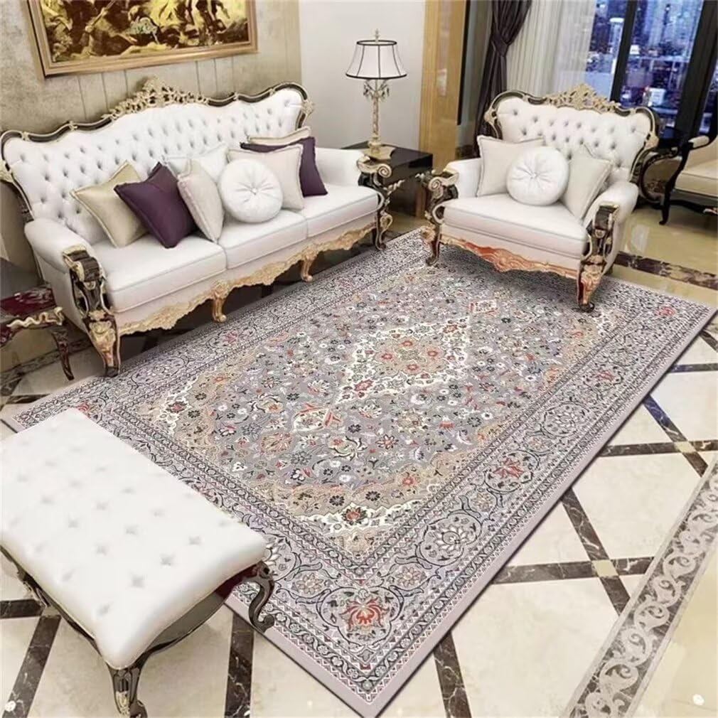 Tapis de salon gris 120x120cm à motif floral rétro doux et durable