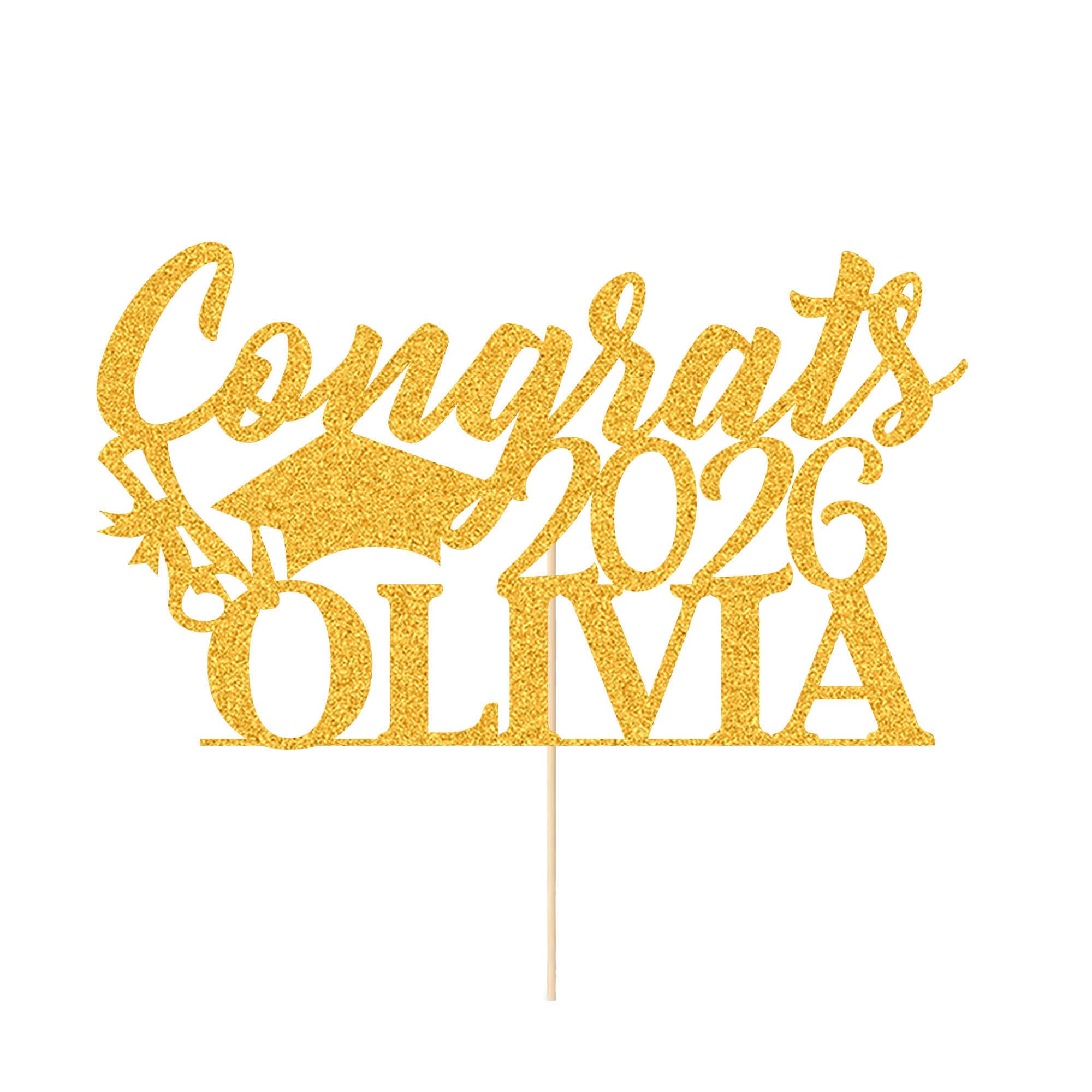 Personalised Cake Topper Custom Congrats Graduation Hat Student Class of 2026 Double Sided Glitter Card with Any Name (Gold)