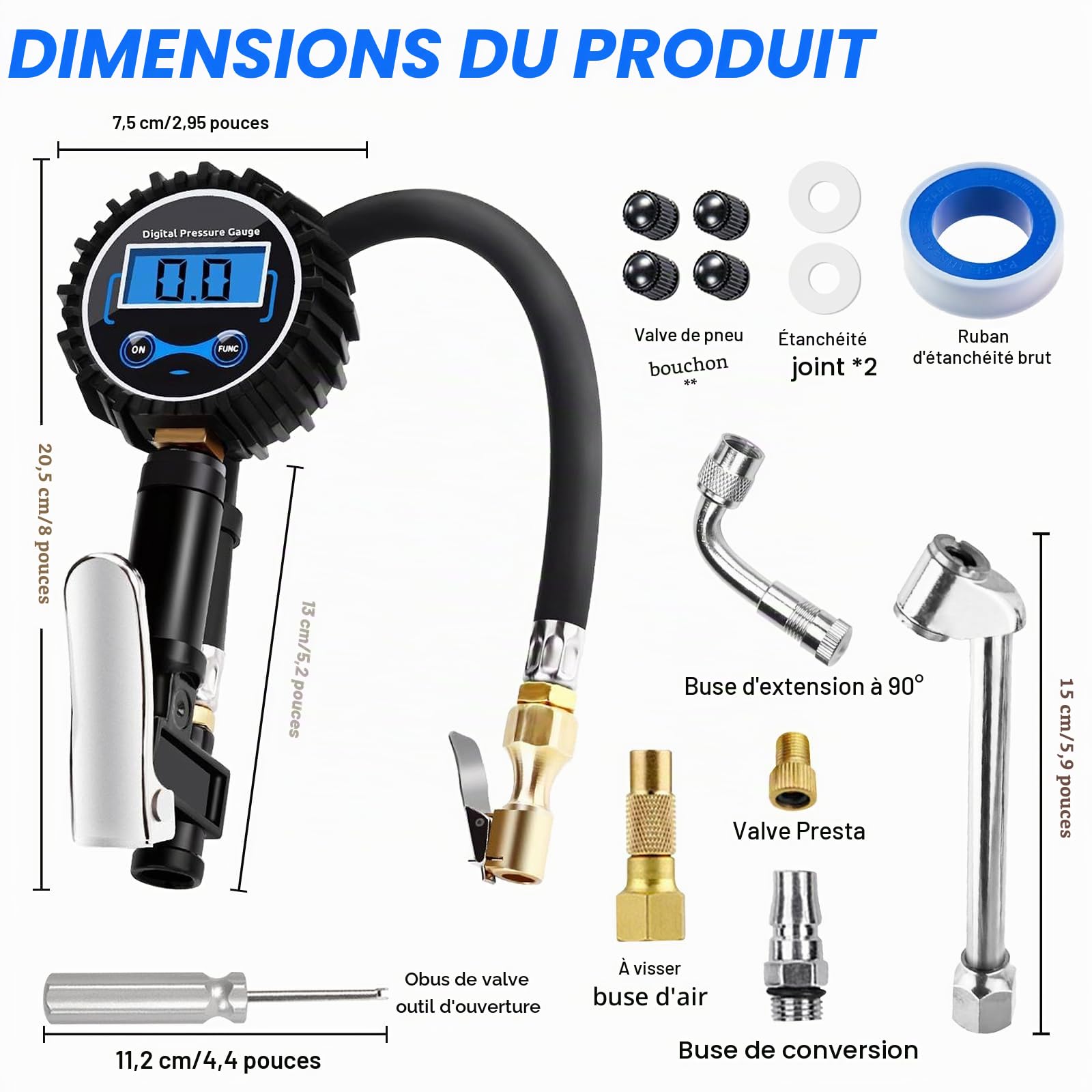 Testeur de pression d'air - Gonfleur de pneu - Avec manomètre, manomètre - Testeur de pression d'air numérique avec écran LCD rétroéclairé - Pour véhicule, moto, voiture