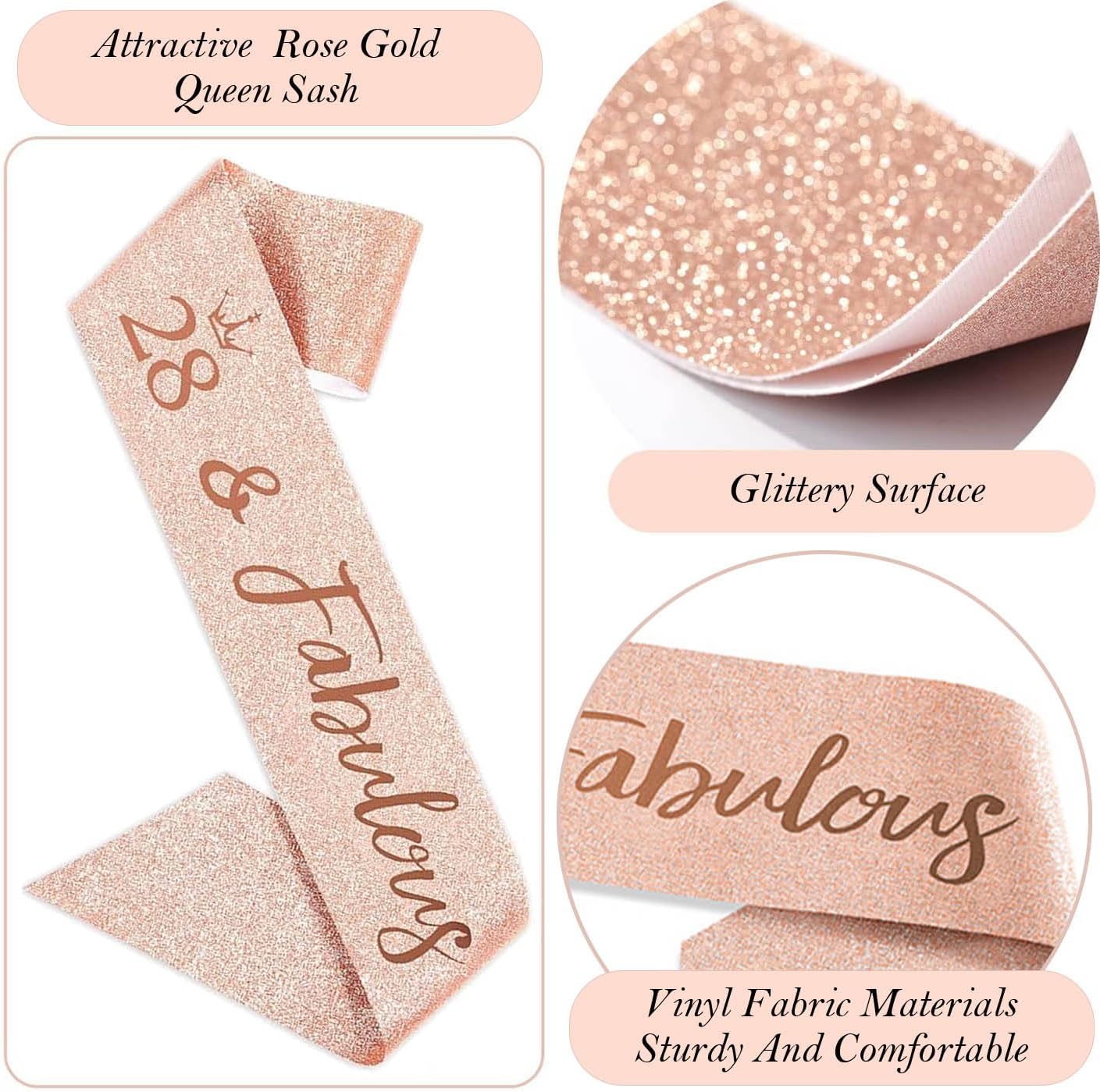 28th Birthday Decorations for Her Women, Including 28 year old Birthday Cake Topper, Queen Sash with Pearl Pin, Sweet Rhinestone Tiara Crown, Number Candles and Balloons Set, Rose Gold - Image 4