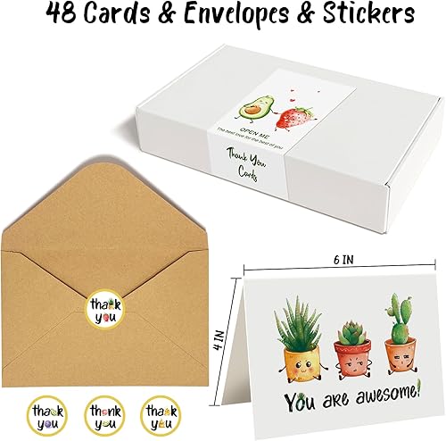 Miniatura 2 de 48 divertidas tarjetas de agradecimiento con sobres y calcomanías, juego de tarjetas de agradecimiento en caja a granel, 4 x 6 pulgadas, tarjetas de