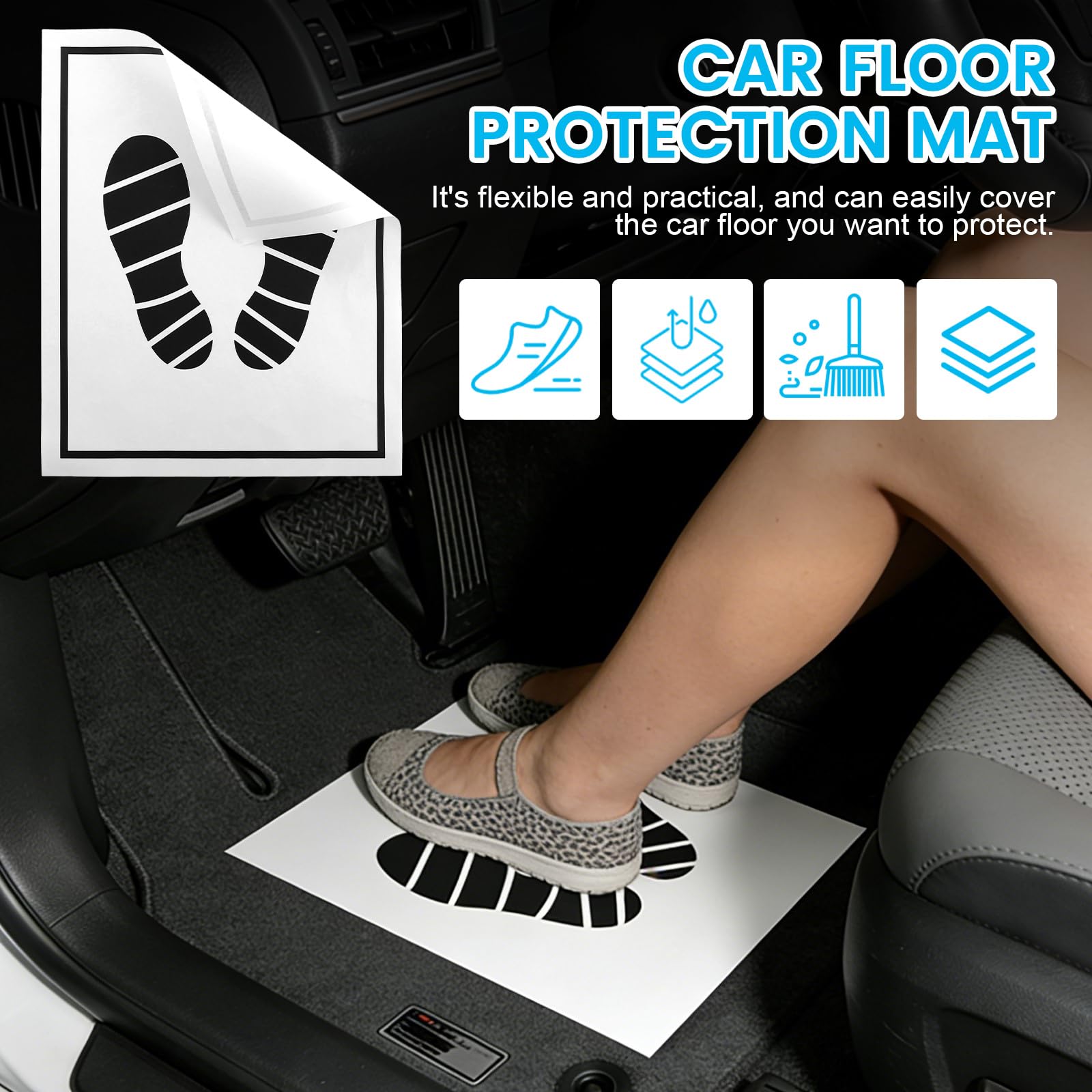 Lot de 300 tapis de sol jetables en papier pour voiture, 49 x 39 cm | Tapis de voiture en papier antidérapant, motif imprimé blanc, entretien du véhicule, protection intérieure