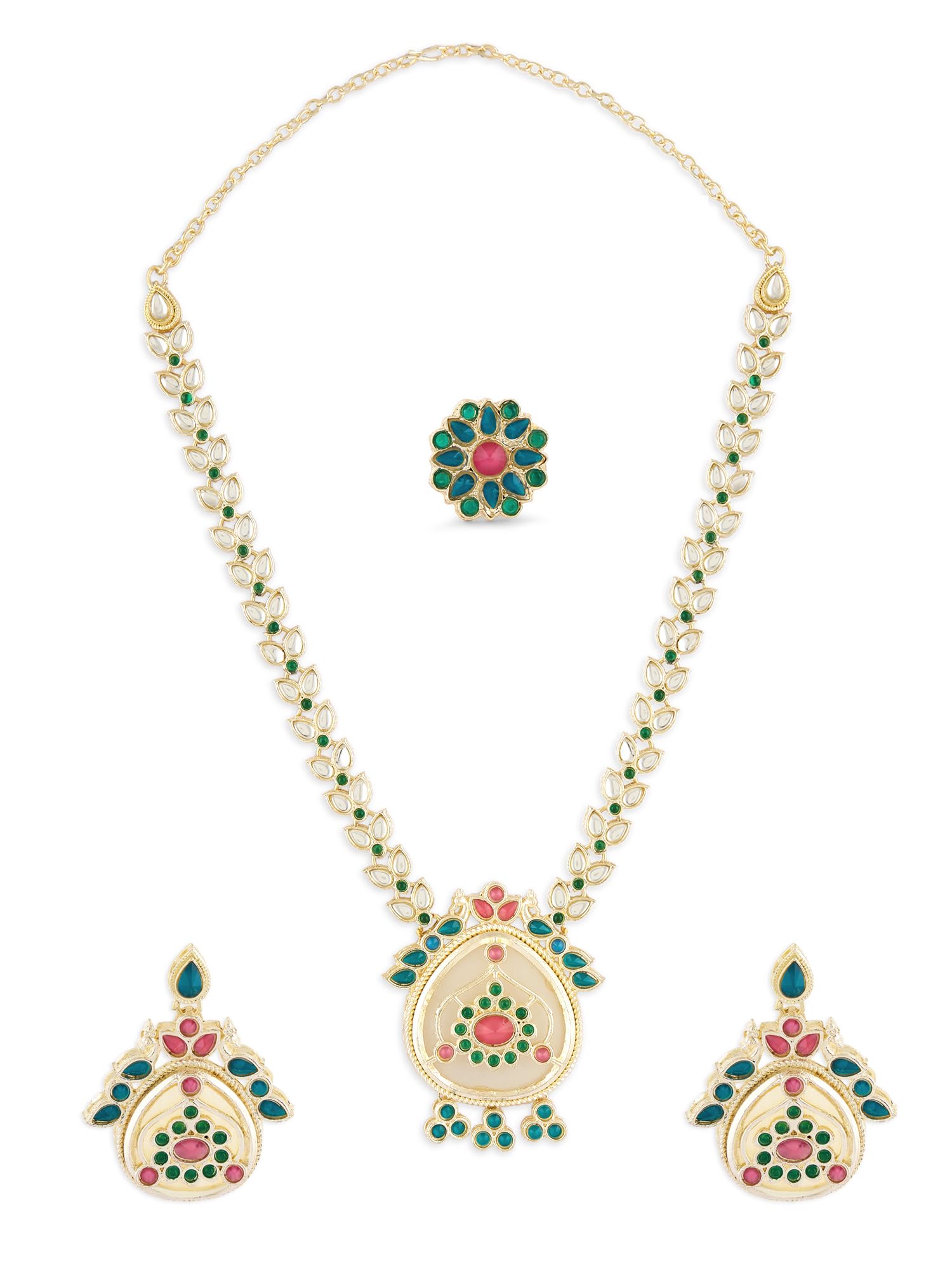 ZAVERI PEARLS Multicolor Stones Embellished Traditional Necklace Earring & Ring Set For Women-ZPFK17605 (B0CWV67Y1W) Amazon Price History, Amazon Price Tracker