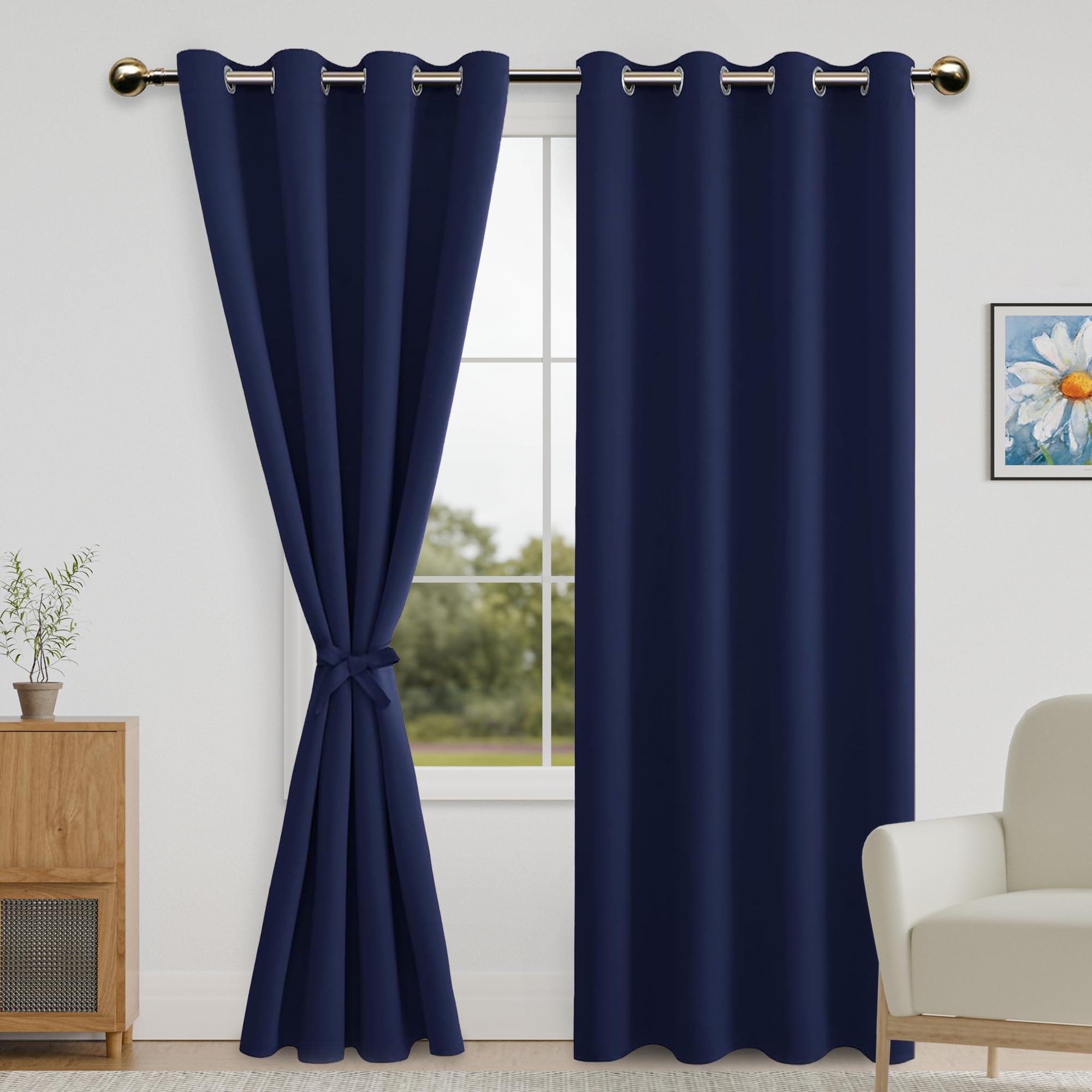 DWCN Blackout Curtains for Bedroom with Tiebacks - Thermal Insulated Energy Efficient Grommet Window Curtains for Living Room, 52 x 84 inch Long, Navy Blue, 2 Panels — image 1