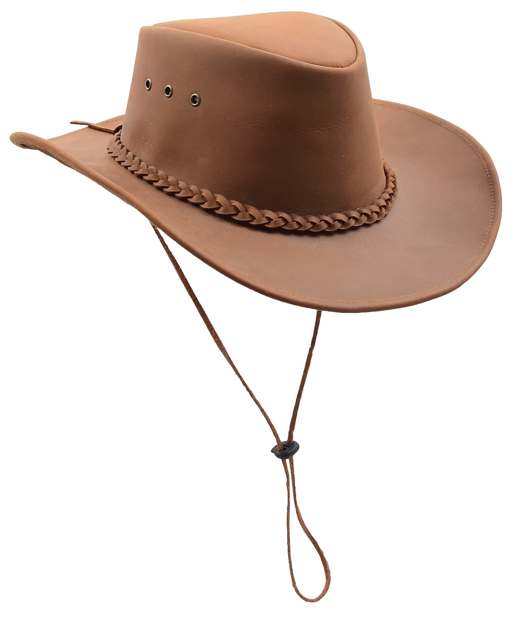 Cowboy Hat with Removable Chin Strap Real Leather Aussie Australian Bush Style HL005 Tan (as8, Alpha, x_l)