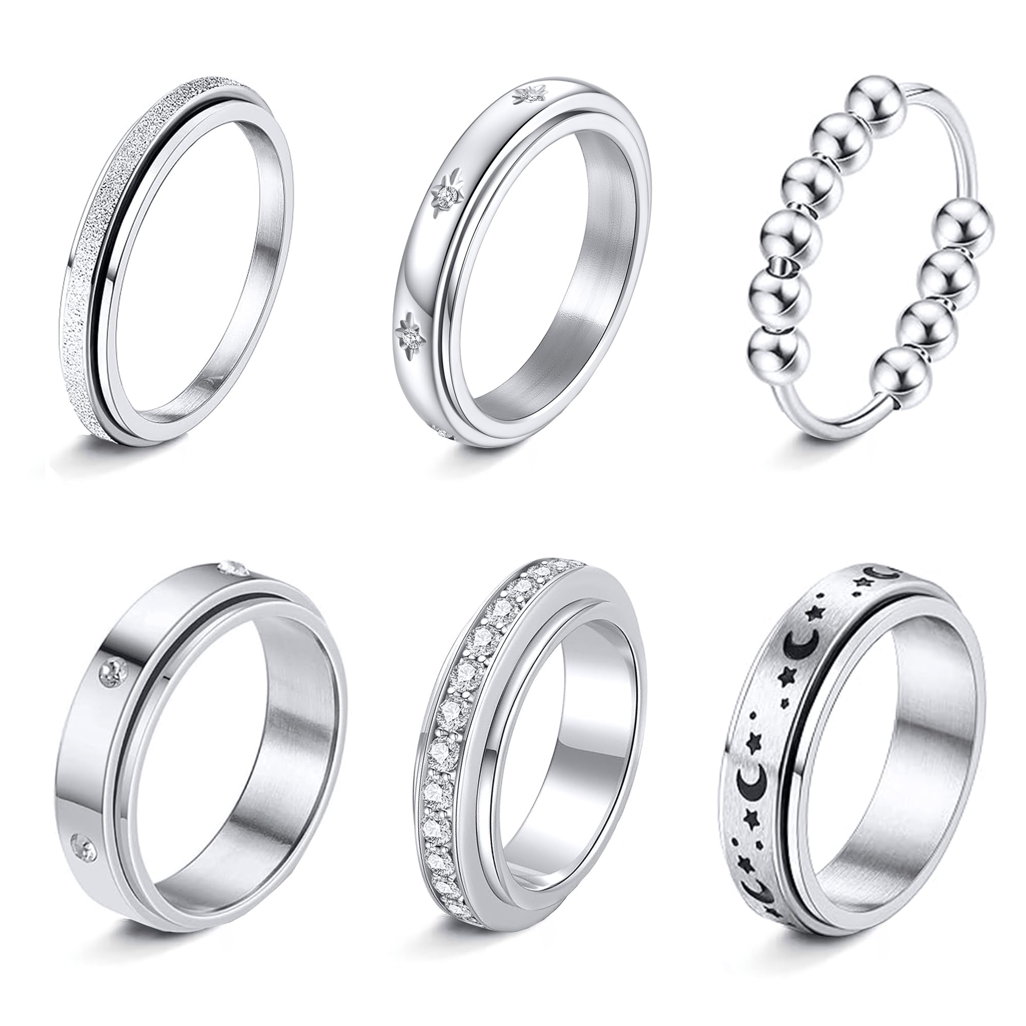 LOFITOR Fidget Rings for Anxiety 6pcs Stainless Steel Spinner Ring Anti Anxiety Ring Spinning Moon Star Cool Stress Relieveing CZ Rings for Women Men