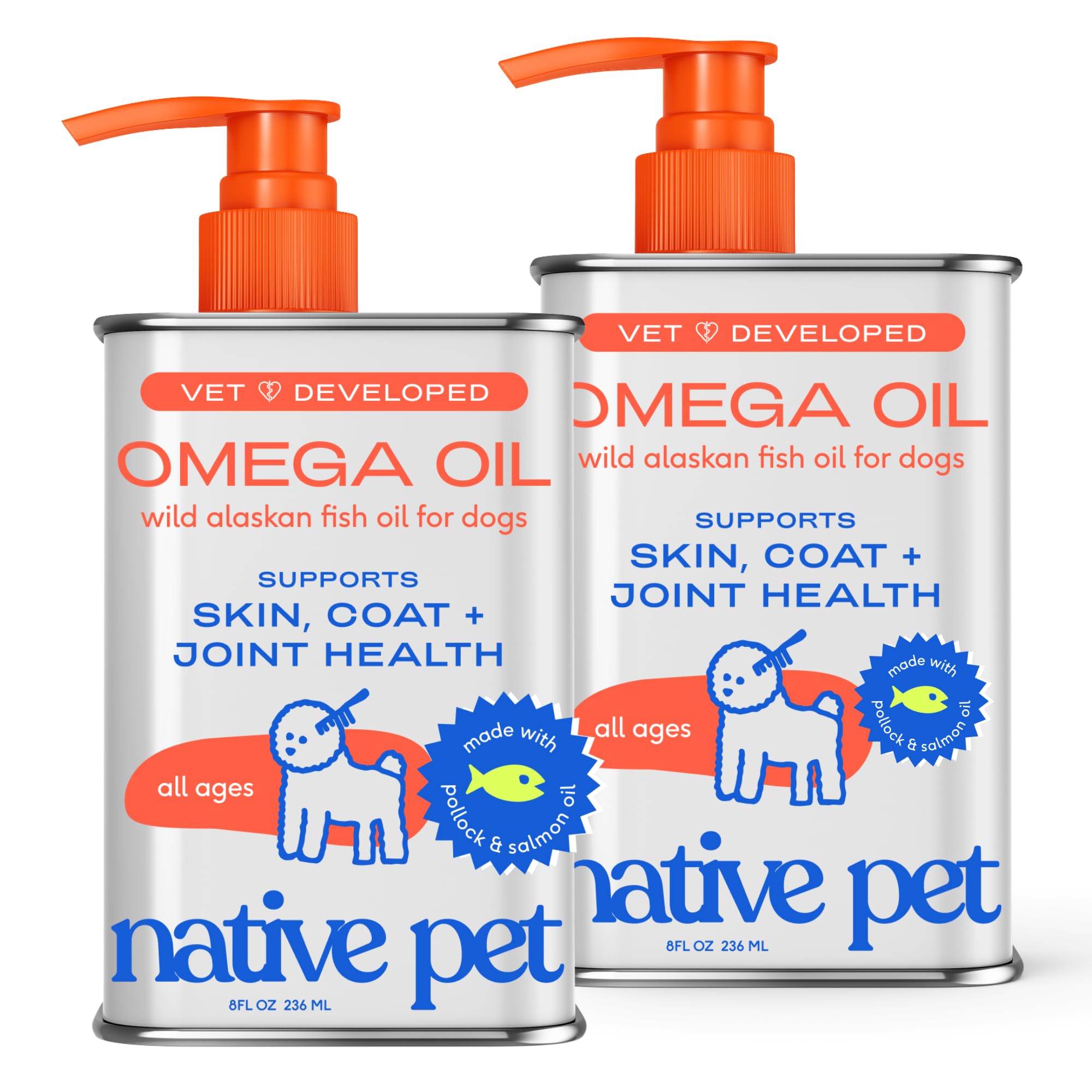 Native Pet Omega 3 Fish Oil for Dogs &amp; Cats – Wild Alaskan Salmon Oil for Dogs Skin and Coat, Supports Joints, Heart &amp; Shedding – Fast-Absorbing Omega 3 6 9 Liquid Supplement – 8oz (Pack of 2)